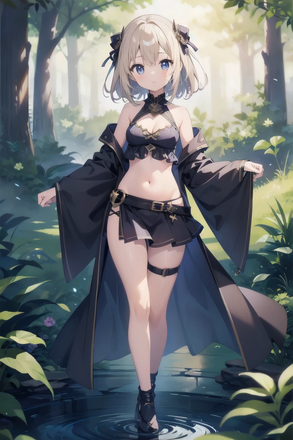 (masterpiece)、(highest quality)、(Super Detail)、(Best Anatomy)、Official Art, One Girl, Light-colored hair, , Fairy , See-through robe, Small breasts, Cleavage, Off the shoulder, Underbust, ~ side, Focus on the thighs, Belly button, Deep Forest Fountain