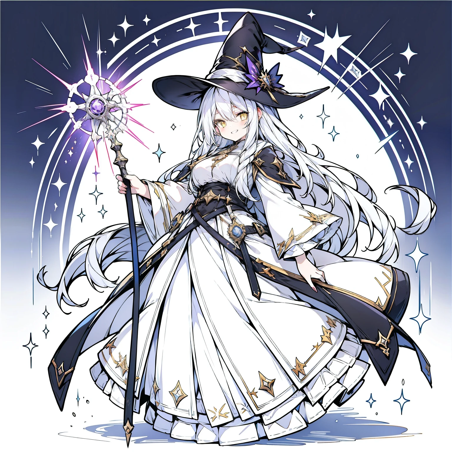 One Woman、young、Silver Hair、Long Hair、Yellow Eyes、grinning mouth、Very large breasts、Wizard、White clothes、Purple Robe、Black Cape、Wear a pointed hat、Raise the dark energy、Full body portrait、magic circle background、Angle viewed from below