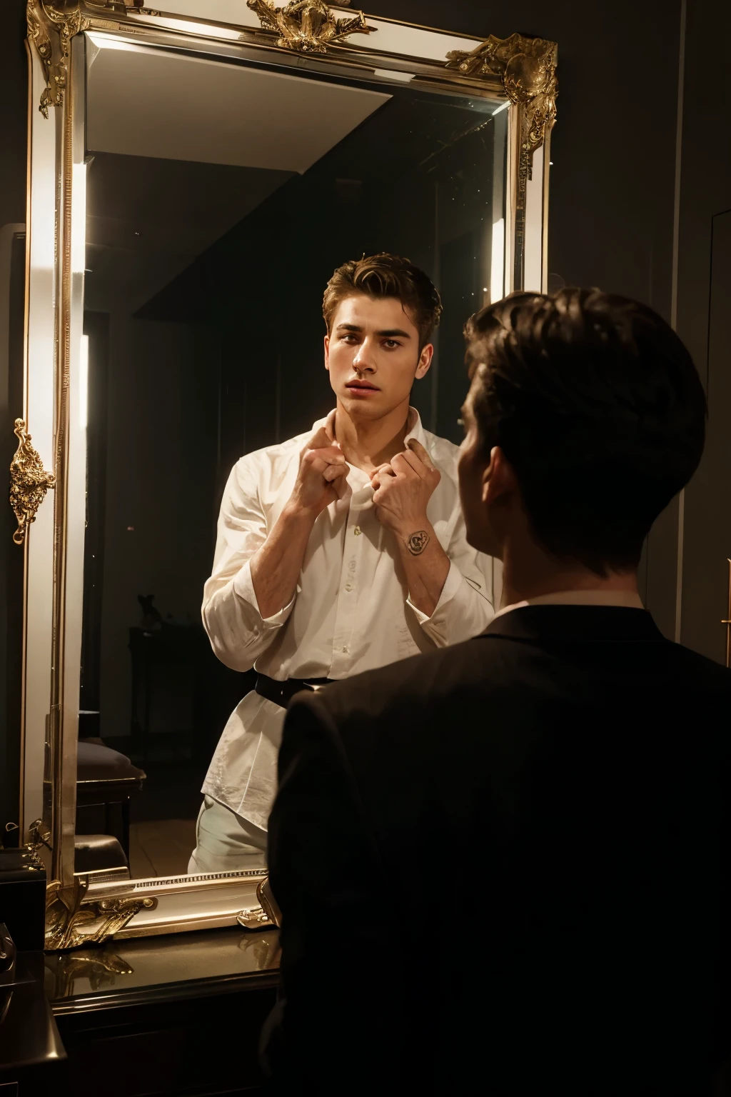 High-Definition, Cinematic Masterpiece: 1.3, Dramatic Scene: A Guy's Transformative Moment,
A young man, 25 years old, stands in a dimly lit room, his gaze fixated on his reflection in a full-length mirror. His face is meticulously adorned with bold, yet elegantly feminine makeup, a stark contrast to the shock and mortification etched on his features. His hands are raised to his cheeks, as if trying to erase the vibrant hues that have become an unexpected part of his visage.
In the slightly blurred background, a woman dressed in formal work attire and equally captivating