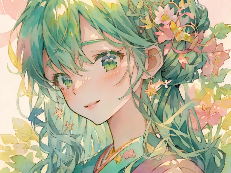 (high quality, 8k), Watercolor, Simple green Dress, 髪に花とgreenいドレスを飾った女性, Beautiful Animeアートワーク, Beautiful Anime, Beautiful Animeの肖像画, clean Detailed anime art, Soft anime illustration, anime art wallpaper 4k, anime art wallpaper 4k, Detailed digital anime art, Beautiful Animeアートスタイル, Beautiful Animeスタイル, Detailed anime art,Detailed face,Detailed eyes,(Soft Light),smile, green, Lots of flowers, winter, warm
