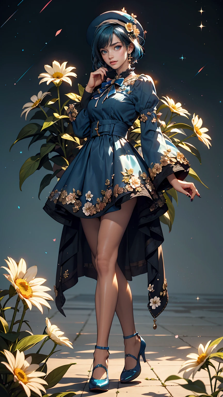 uekura, One girl, Shiny blue hair, Starry background、Have, dress, Blue footwear, wing, Simple Background, sign, flower, Manicure, Wide sleeves, Long sleeve, blush, animal, white flower, alone, whole body, bird, View Viewer, High heels, Put your hand on your cheek, put your hand on your face, Frills, bow, bangs, ribbon, Bell, Blue hat, +_+, shoes下, Long straight hair, Grey Eyes, shoes, Blue Claws, feathered wing, blue bow