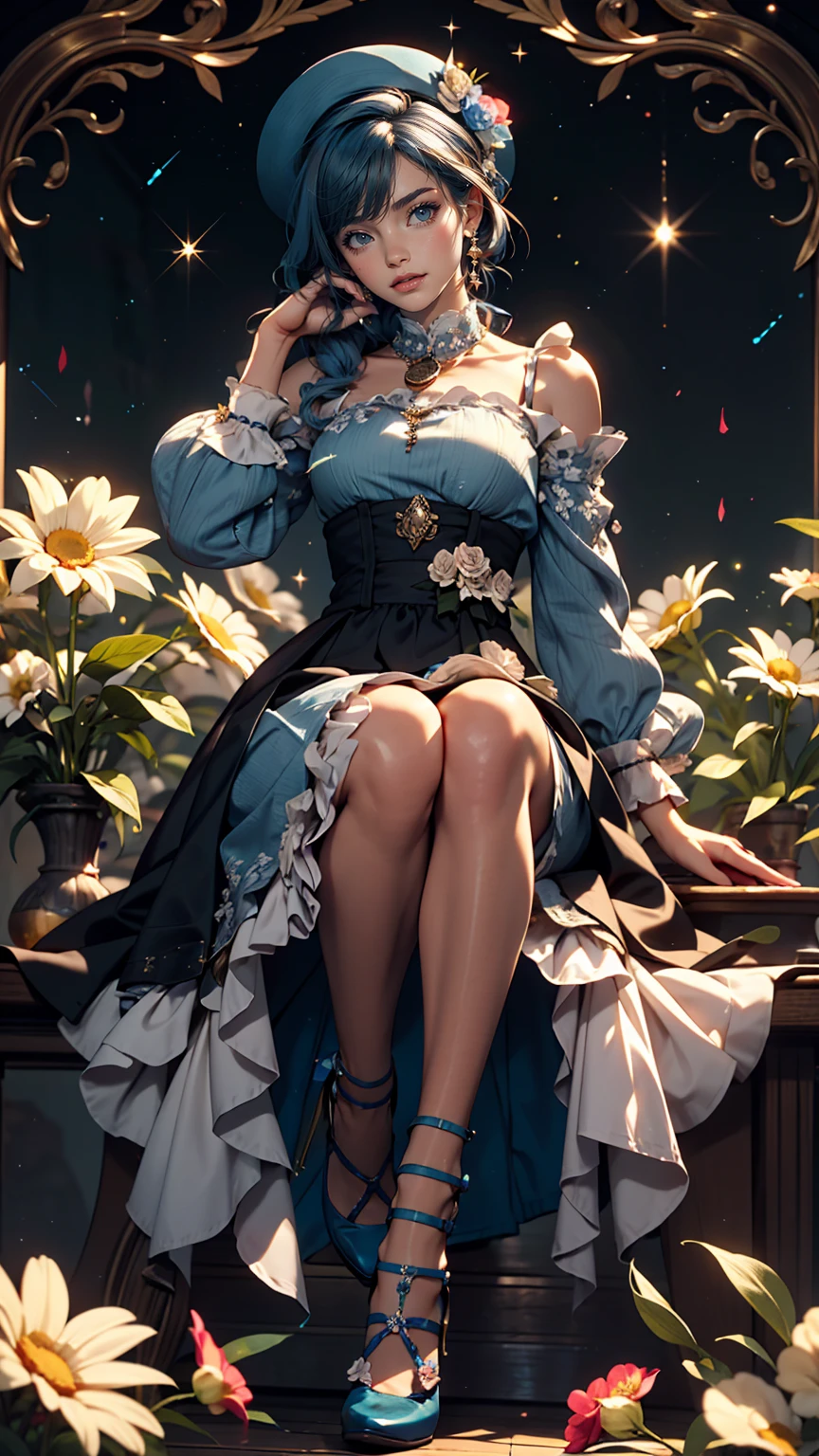 uekura, One girl, Shiny blue hair, Starry background、Have, dress, Blue footwear, wing, Simple Background, sign, flower, Manicure, Wide sleeves, Long sleeve, blush, animal, white flower, alone, whole body, bird, View Viewer, High heels, Put your hand on your cheek, put your hand on your face, Frills, bow, bangs, ribbon, Bell, Blue hat, +_+, shoes下, Long straight hair, Grey Eyes, shoes, Blue Claws, feathered wing, blue bow