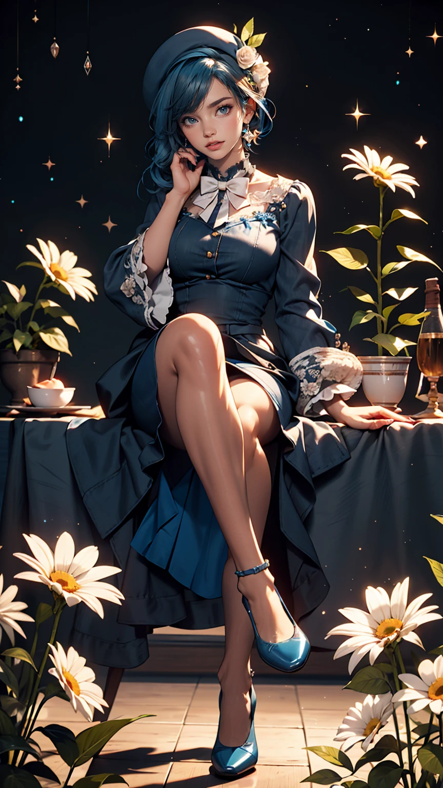 uekura, One girl, Shiny blue hair, Starry background、Have, dress, Blue footwear, wing, Simple Background, sign, flower, Manicure, Wide sleeves, Long sleeve, blush, animal, white flower, alone, whole body, bird, View Viewer, High heels, Put your hand on your cheek, put your hand on your face, Frills, bow, bangs, ribbon, Bell, Blue hat, +_+, shoes下, Long straight hair, Grey Eyes, shoes, Blue Claws, feathered wing, blue bow