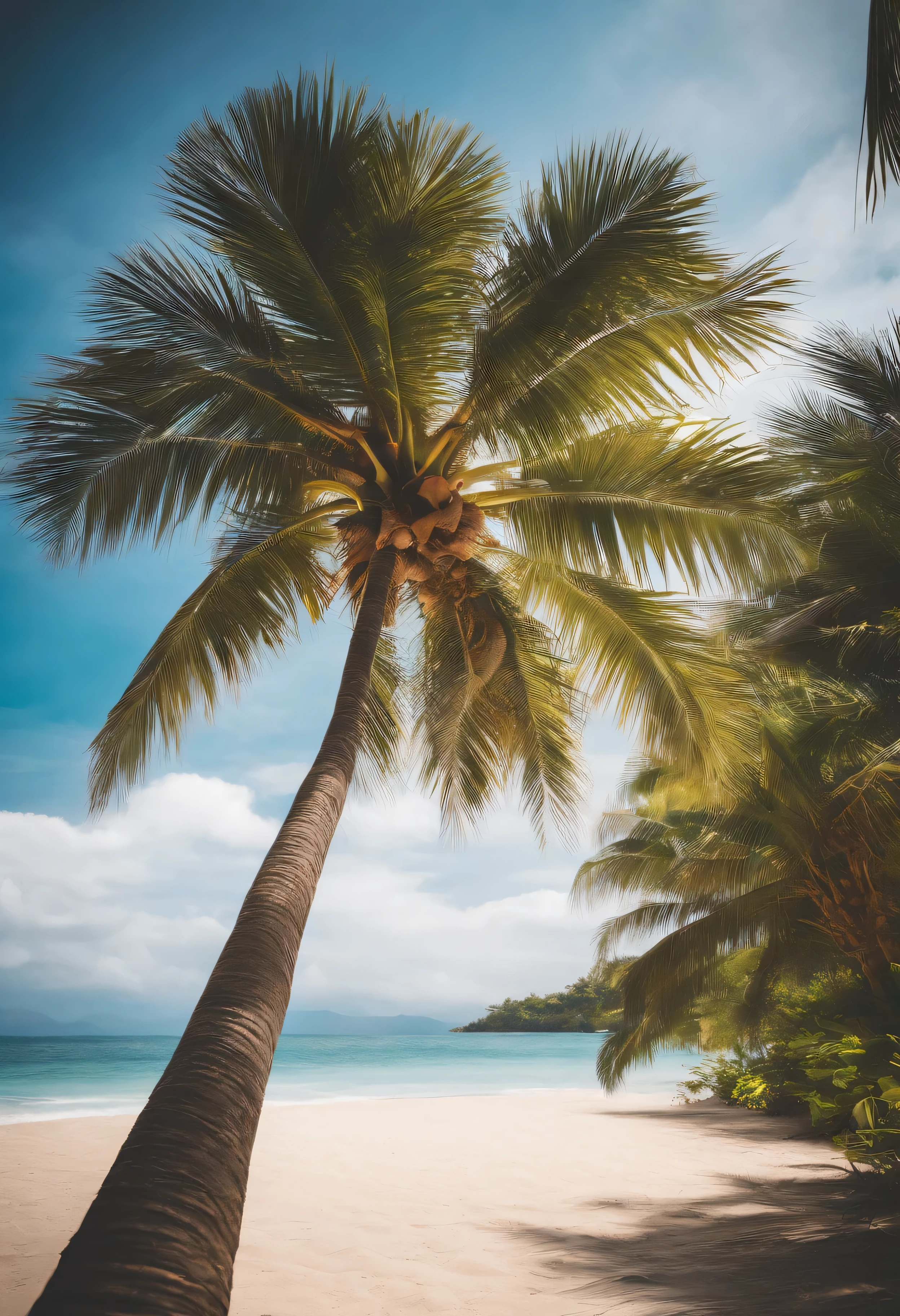 Palm tree on tropical beach with blue sky and white clouds abstract background. Copy space of summer vacation and business travel concept. Vintage tone filter effect color style.