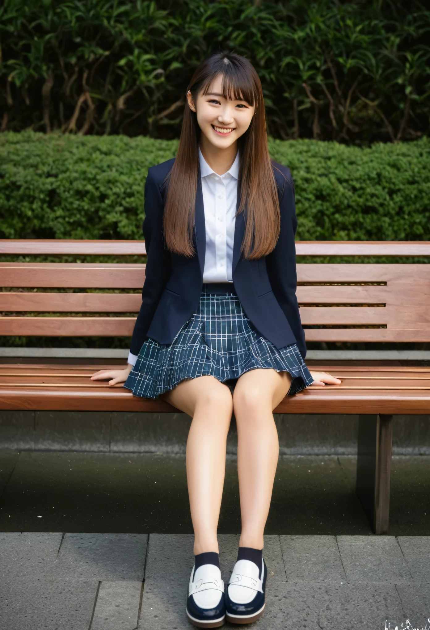 high school girl、Japanese、bench、sit、Thighs、long hair、blazer、skirt、loafers、smile
