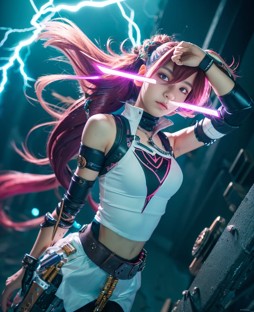 (masterpiece, highest quality), (Perfect athletic body: 1.2), (Detailed Hair), Super detailed, Anime Style, whole body, alone, Cyberpunk Magical Girl, Colorful hair braided together, Armored Magical Diva Outfit, Mechanical microphone weapon raised, Wear tech boots, standing wilderness, White Background, whole body, Supernatural Fire and Lightning,