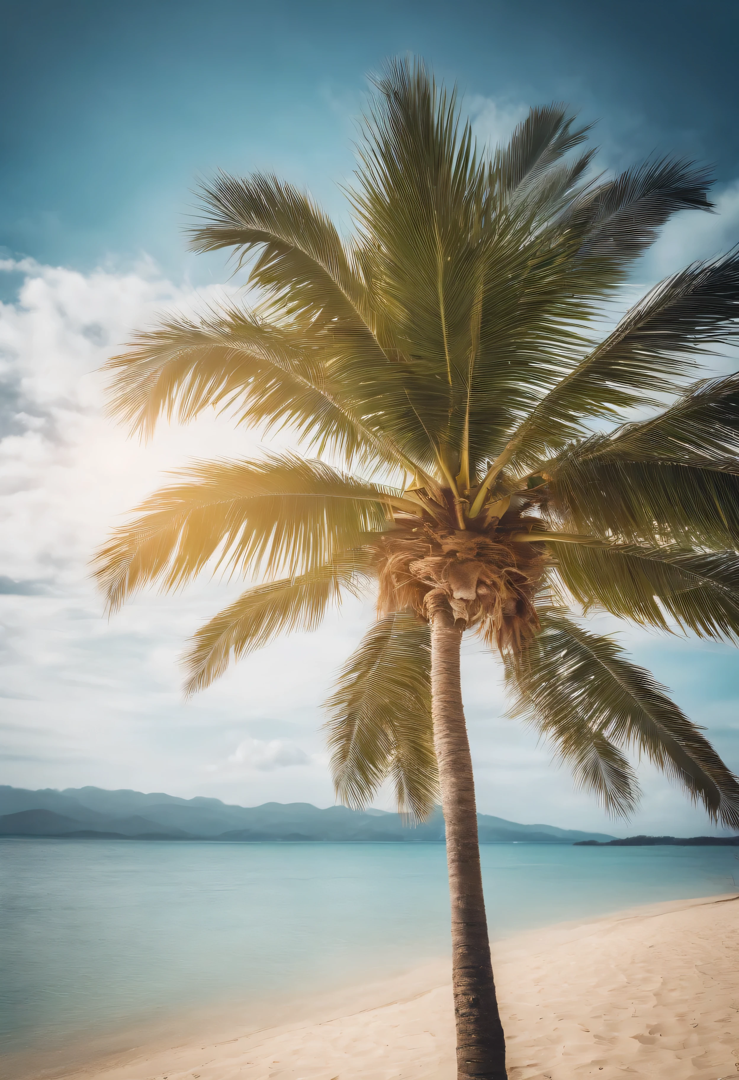 Palm tree on tropical beach with blue sky and white clouds abstract background. Copy space of summer vacation and business travel concept. Vintage tone filter effect color style.