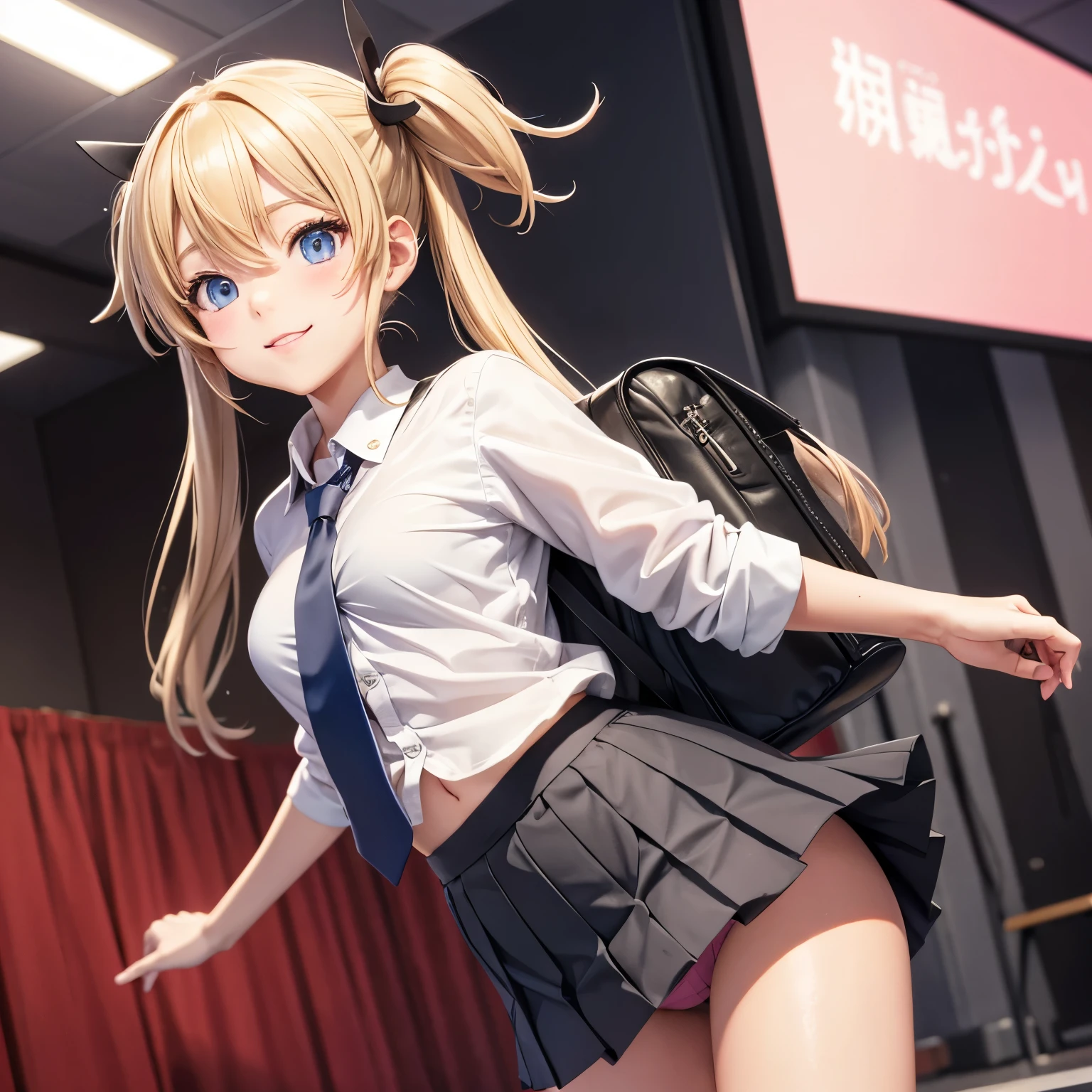 akizuki airi. oni chichi, masterpiece, highest quality, Very detailed, figure, Flat Color, Depth of written boundary, , , 1 girl, young, anime, Returning Home, full length, blonde, Twin tails, Looking at the audience, red pleated mini skirt, Wet white button-down shirt, , serafuku, Blue tie, No bra, black tights, Small backpack, Fine leather texture, Detailed fabric texture, Beautifully detailed face, blue eyes,  A light smile, Pink Panties