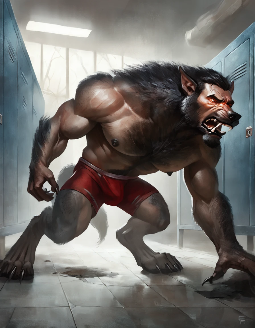 man mid transformation into werewolf, concept art, masterpiece, tail, high quality, feet, dark nipples, human face, snout, pecs, red jock outfit, pain, lockerroom, all fours, solo