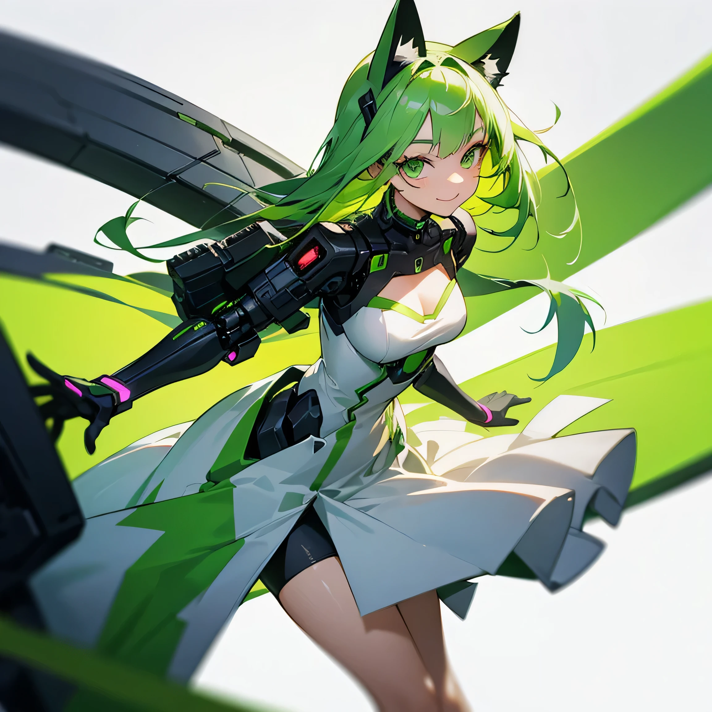 Beautiful woman with green eyes, green hair smiling, pleading, fully clothed in a spring dress, cybernetic cat ears, cyber, no background, happy