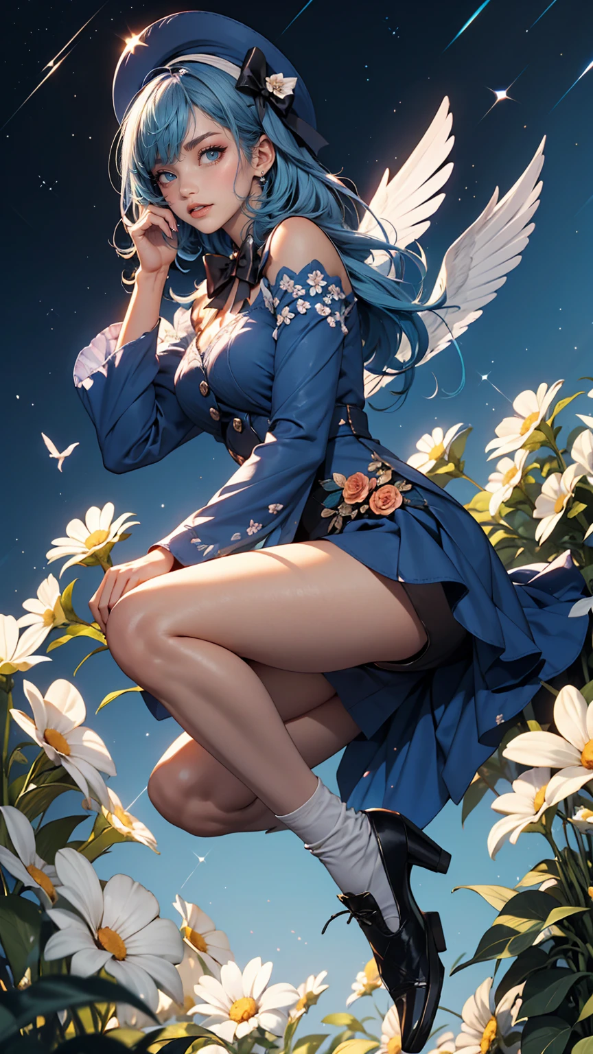 uekura, One girl, Shiny blue hair, Starry background、Have, dress, Blue footwear, wing, Simple Background, sign, flower, Manicure, Wide sleeves, Long sleeve, blush, animal, white flower, alone, whole body, bird, View Viewer, High heels, Put your hand on your cheek, put your hand on your face, Frills, bow, bangs, ribbon, Bell, Blue hat, +_+, shoes下, Long straight hair, Grey Eyes, shoes, Blue Claws, feathered wing, blue bow