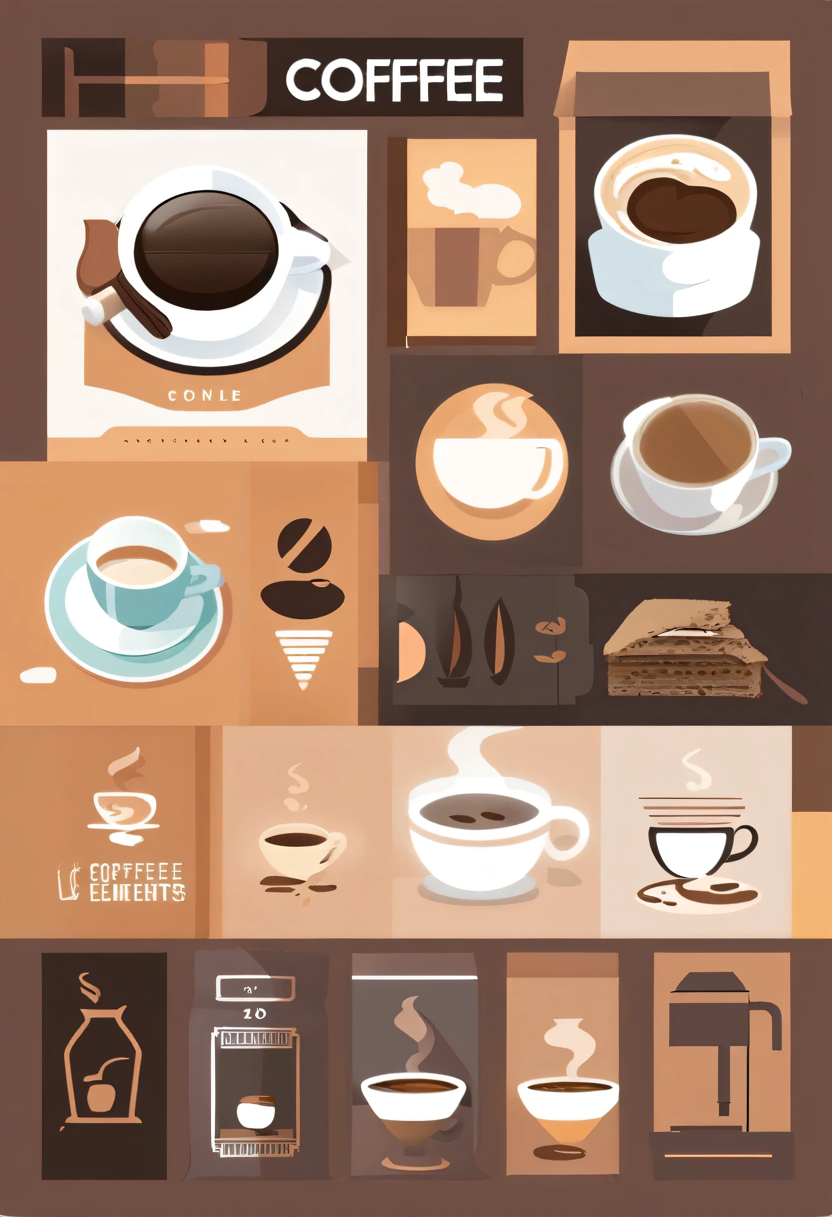 Cover,Coffee elements，Rich in Coffee elements，The background is simple and clean，flat design, Vector illustration, Icon, detailed 2d illustration, Flat illustration, Digital Illustration, Digital Artwork,No text poster