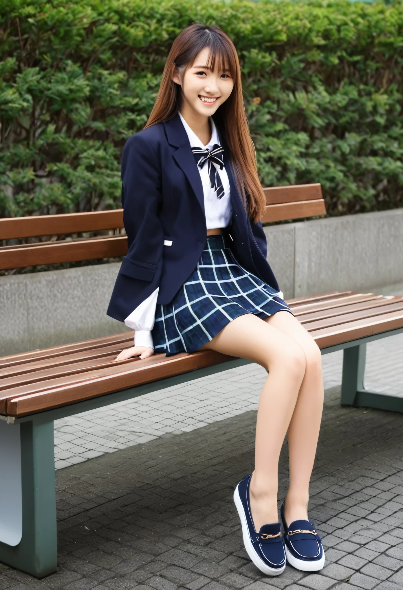 high school girl、Japanese、bench、sit、Thighs、long hair、blazer、skirt、loafers、smile