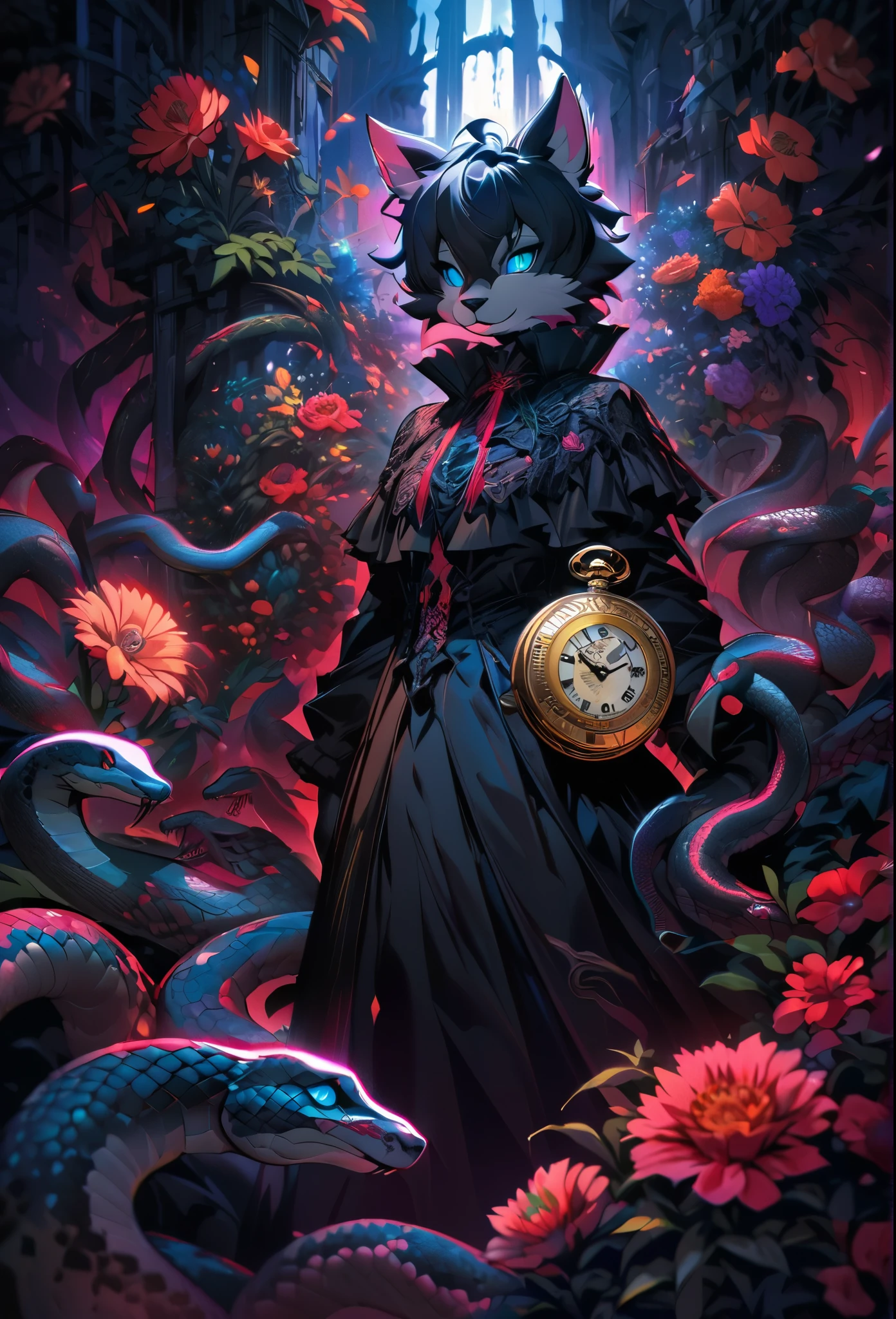 (best quality, high resolution, ultra-detailed)silhouett(kemono, furry anthro)holding striking pocket watch, surrounded by flowers, snakes and darkness, illustrative rendering, intricate details, mysterious atmosphere, vibrant colors, dynamic lighting , Gothic style,