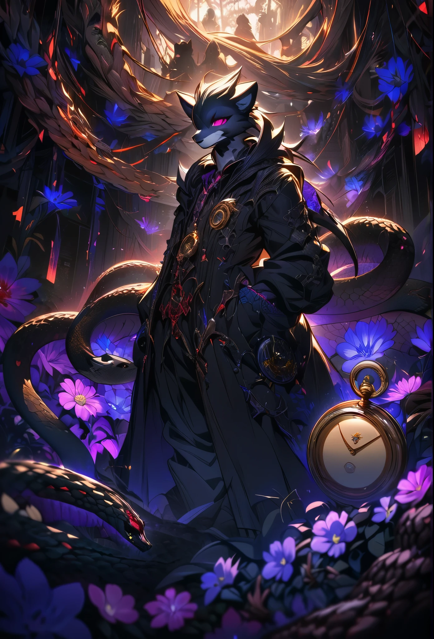 (best quality, high resolution, ultra-detailed)silhouett(kemono, furry anthro)holding striking pocket watch, surrounded by flowers, snakes and darkness, illustrative rendering, intricate details, mysterious atmosphere, vibrant colors, dynamic lighting , Gothic style,