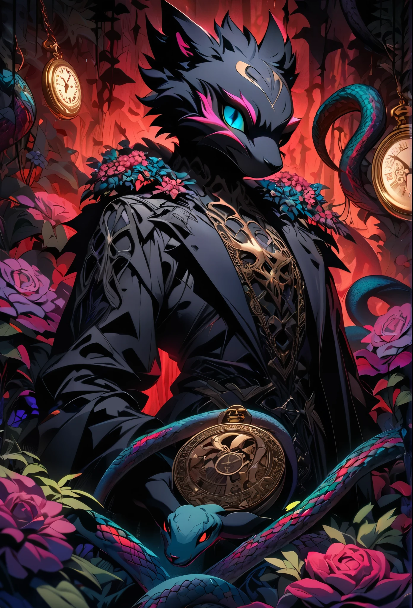 (best quality, high resolution, ultra-detailed)silhouett(kemono, furry anthro)holding striking pocket watch, surrounded by flowers, snakes and darkness, illustrative rendering, intricate details, mysterious atmosphere, vibrant colors, dynamic lighting , Gothic style,