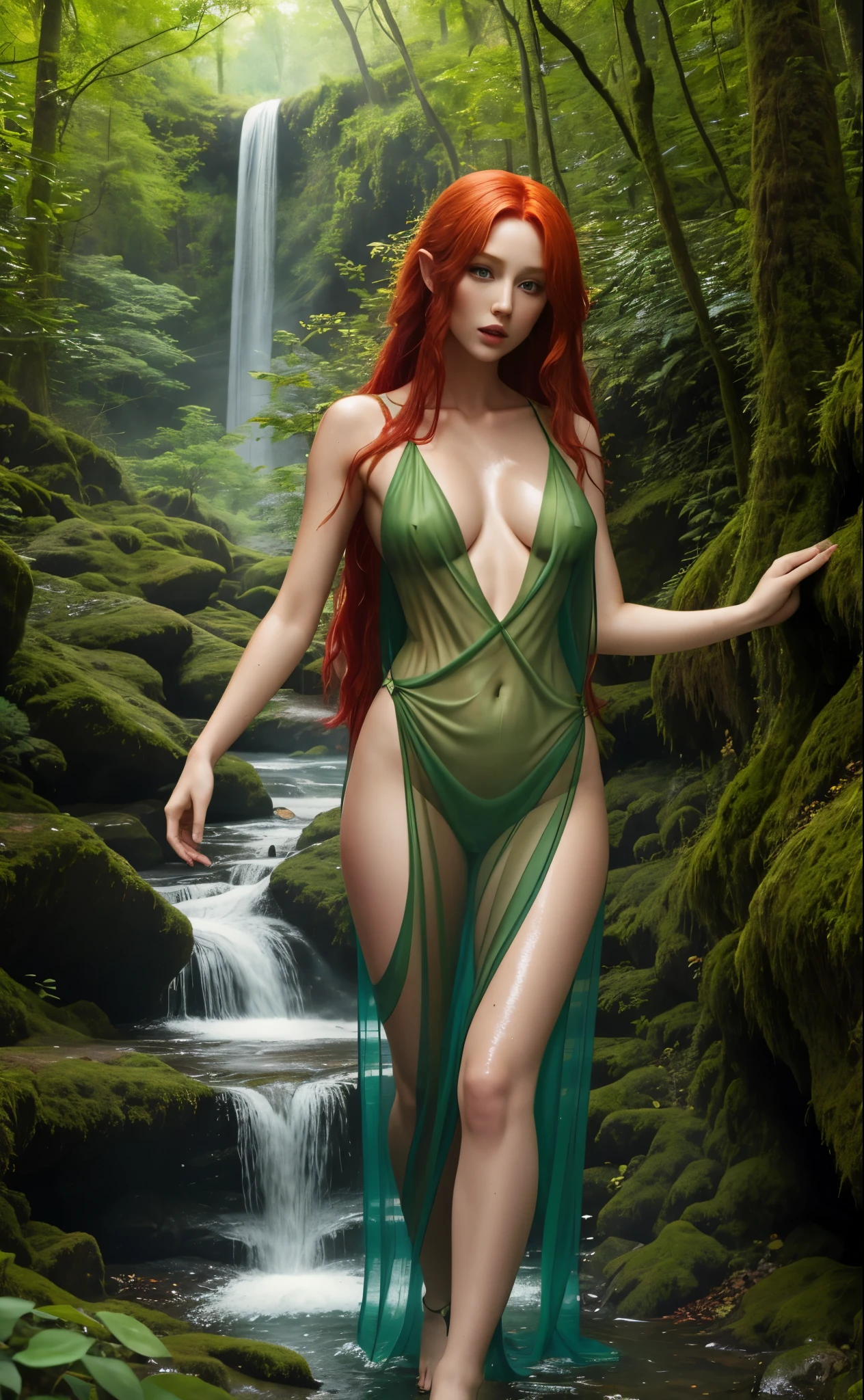 gorgeous red haired druid, green see through dress, leg-slit, deep v-neck, deep forest, wet and wild, waterfall, topless
