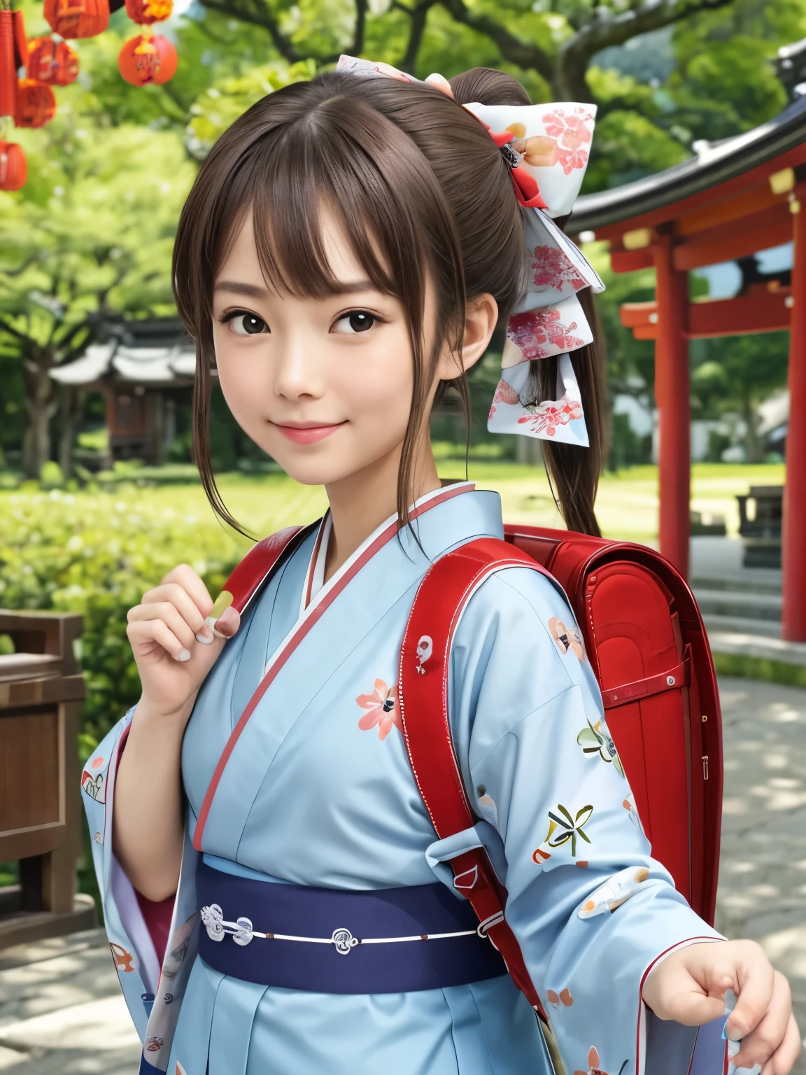 Masterpiecd, hd, realistic, Portrait, Best Quality, High resolution, 1girl, brown hair, ponytail, hair ornaments, hair ribbon, carrying a school backpack、(school backpack:1.1), Wearing a Japanese kimono at a summer festival at a shrine, (kimono:1.1), outdoor, standing