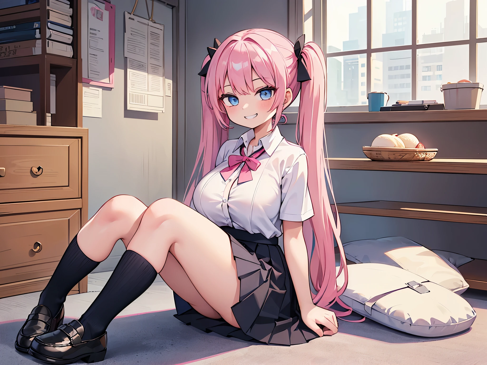 (masterpiece、highest quality、Super detailed)、((One girl))、((Pink Hair))、((Twin tails))、((Light blue eyes))、evil smile、((Grin))、Earrings、((Very large breasts))、((White collared shirt))、Short sleeve、cleavage、((Black pleated skirt))、socks、Loafers、sitting, knees up、Gym storeroom
