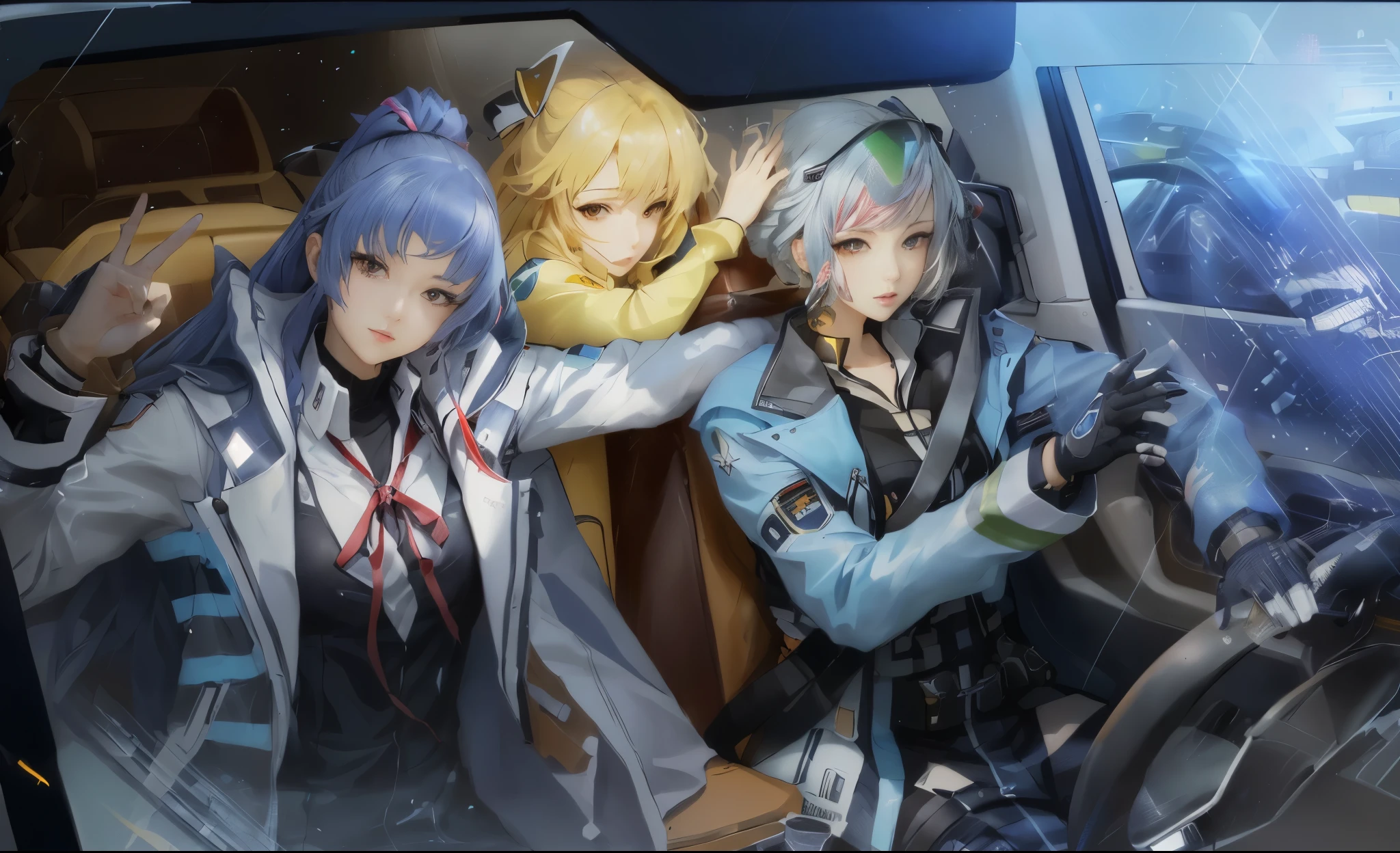 "3girls,detailed car character with a steering wheel,Macross splash art,Macross,from Girls' Frontline,Canopus A and Canopus B"