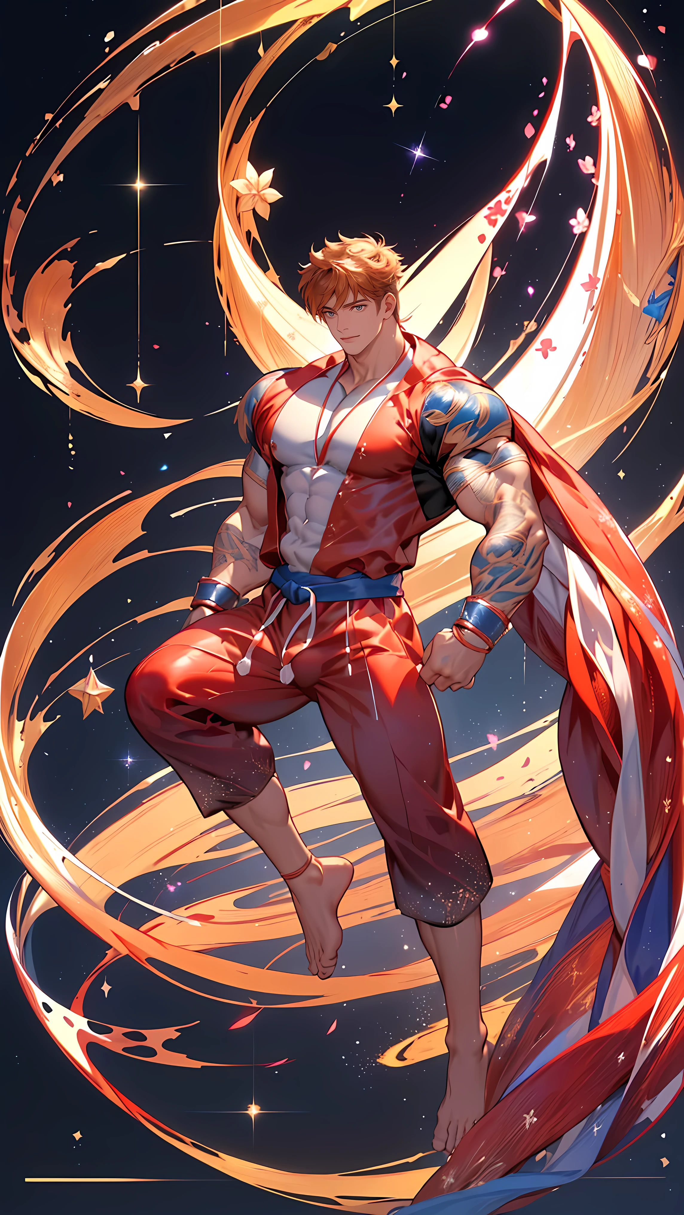 (RYU FROM STREET FIGHTER IN RED KARATE COSTUME) (1man,solo,male) (FULL BODY POSE) ((GIGACHAD GIANT MUSCULAR BODY)) ((BIG BULGE, BIG ASS, BIG THIGH, SEXY POSE)) ((WEAR FUNDOSHI)) (RED AND BLUE COSTUME WITH ACCESORIES BLACK SHORT PANTS) ((WHITE SKIN)) ((BLONDE HAIR)) | FLOATING IN THE WATER WITH STARS (SPARKLE) (FLOWER) BACKGROUND IS BLUE SKY ((PARADISE)) | big CHEST, FULL BODY, large ASS, open legs, show BULGE, smile, portrait knights of zodiac, extremely detailed ((pixiv arts)), high detailed official artwork, [ tarot card ]!!!!!, detailed key anime art, knights of zodiac anime, beautiful celestial mage, firefly from honkai star rails, full body | (dynamic angle:1.1), outline, ((thick lineart)), cover, stylish, official art, (details:1.2), (fantasy), garden, (bloom:1.1), glow:0.2, shadow, nature, flower, splash water, crystal, snowflakes, particles, bokeh, anamorphic light (depth of field), sharp focus, (volumetric lighting), (bokeh:0.6), film grain:0.4, (soft lighting:1.1) | high-quality, ultra-detailed illustrations, ultra-high resolution, (high resolution,overwhelmingly pixel-perfect,luxurious illustration), (Ultra Quality, Masterpiece, Ethereal:1.4) photorealistic:.1.4, UHD (8k, RAW photo, best quality, masterpiece:1.2)