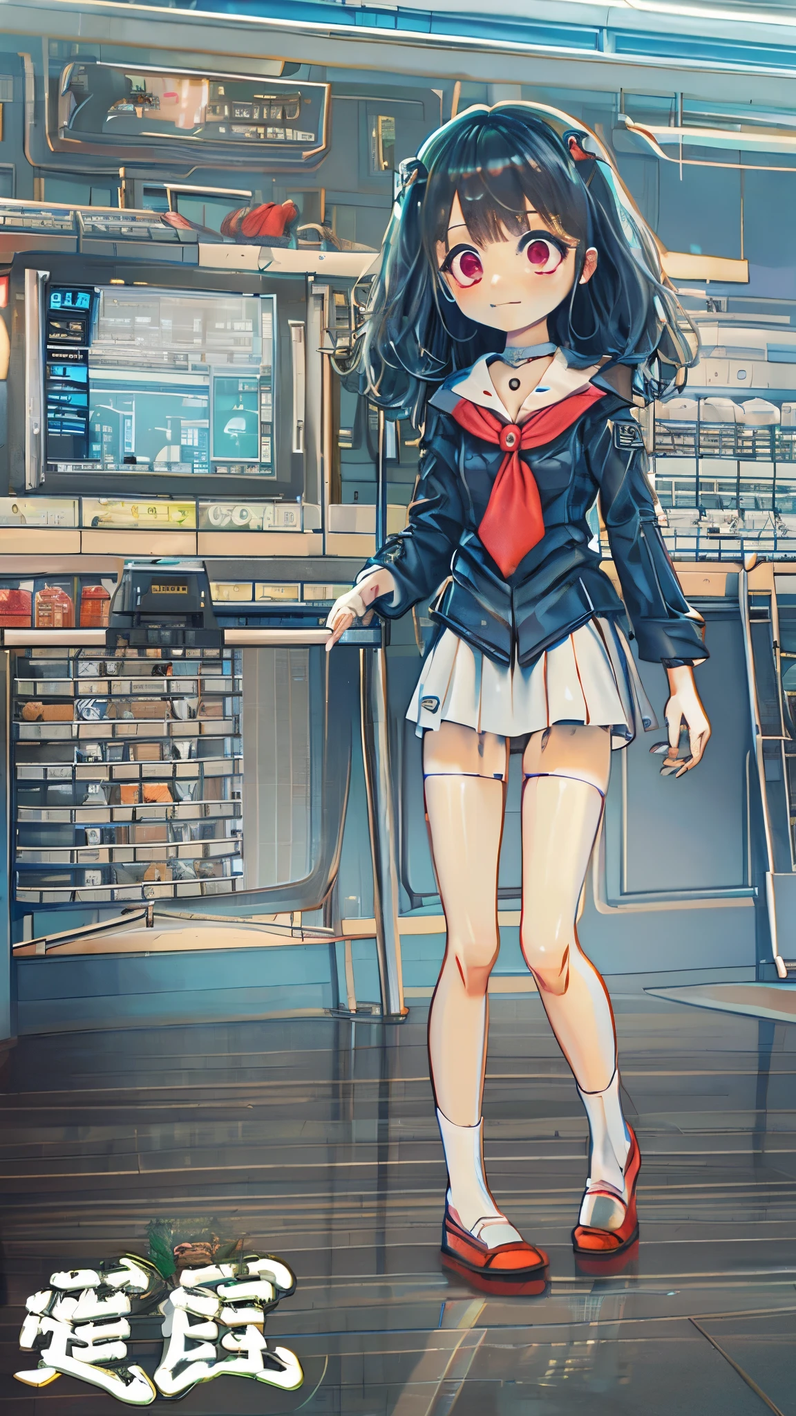 All my  were female simulation robots working in convenience stores.，Full body portrait，No expression, no reaction, eyes dull，expressionless face，Seriously，Vibrant fair complexion，smooth skin，bright red eyes，Dark blue full-cover cat ear headphones，Dark blue swimsuit，Dark blue collar, dark blue miniskirt, white kagamine bell sailor suit，sleeveless，Strapless，exposed，Expose，Exposed breasts，Exposing belly，Backless，flat chest，Flat chest，Toned abdominal muscles，Strong abdominal muscles，Short stature，Luo Li，primary school student，Kindefoot，No shoes，no socks， waist，long fingers