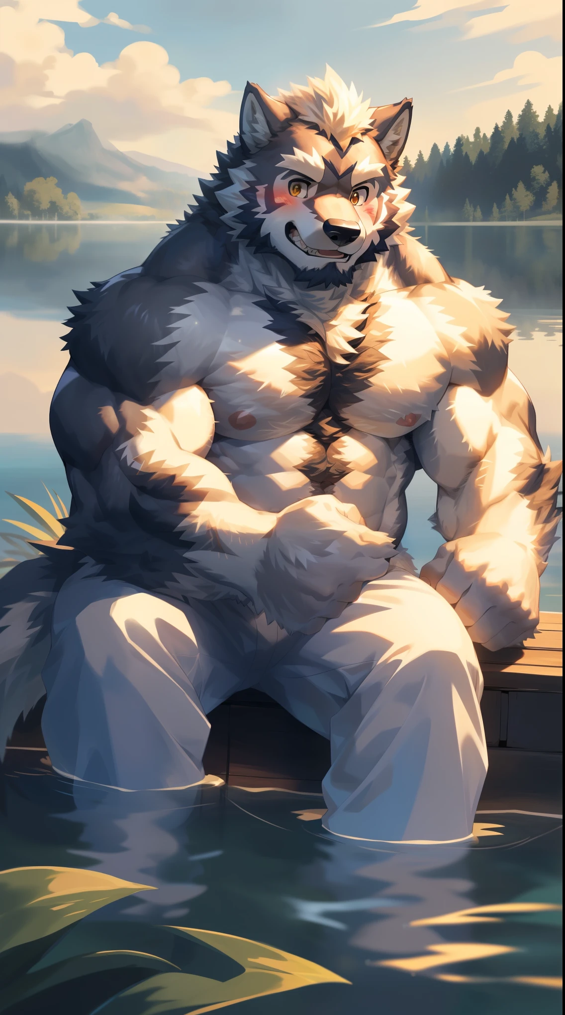 Solitary, anthropology, hairy, hairy male, Wolf, ((Fluffy fur, Fluffy, hairy body)), (Wolf印), (short beard), youth, muscular, Light gray body, White big muscle, Golden pupils, de-tailed teeth, defaced face, Fundos, Pectoralis major, White trousers, pink tit clusters, Sitting in the lake, Partially submerged, sideways, Small bump,(Smirking), Shy expression, blush, Golden pupils, (Look at the audience), Clear facial features, Strong, (Side bottom view:1.4), majestic, solitary, Full body image, Fog atmosphere, lake, wild plants, (through empty ghost, From wolf26, masterpiece, high quality, high resolution,8k), permanent, Full body portrait, outdoor
