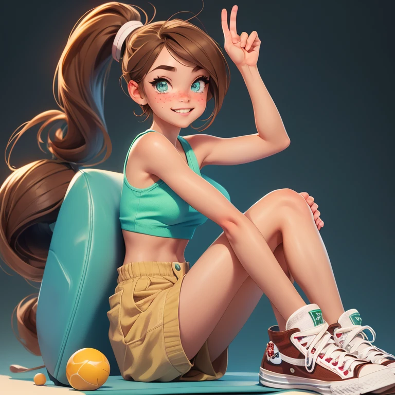 Girl in short shorts and tank top sitting waving and smiling Teen girl with a ponytail, freckles, green eyes and brown hair Very feminine face With converse sneakers grande busto playera ajustada realistic apariencia proporciones realistas 