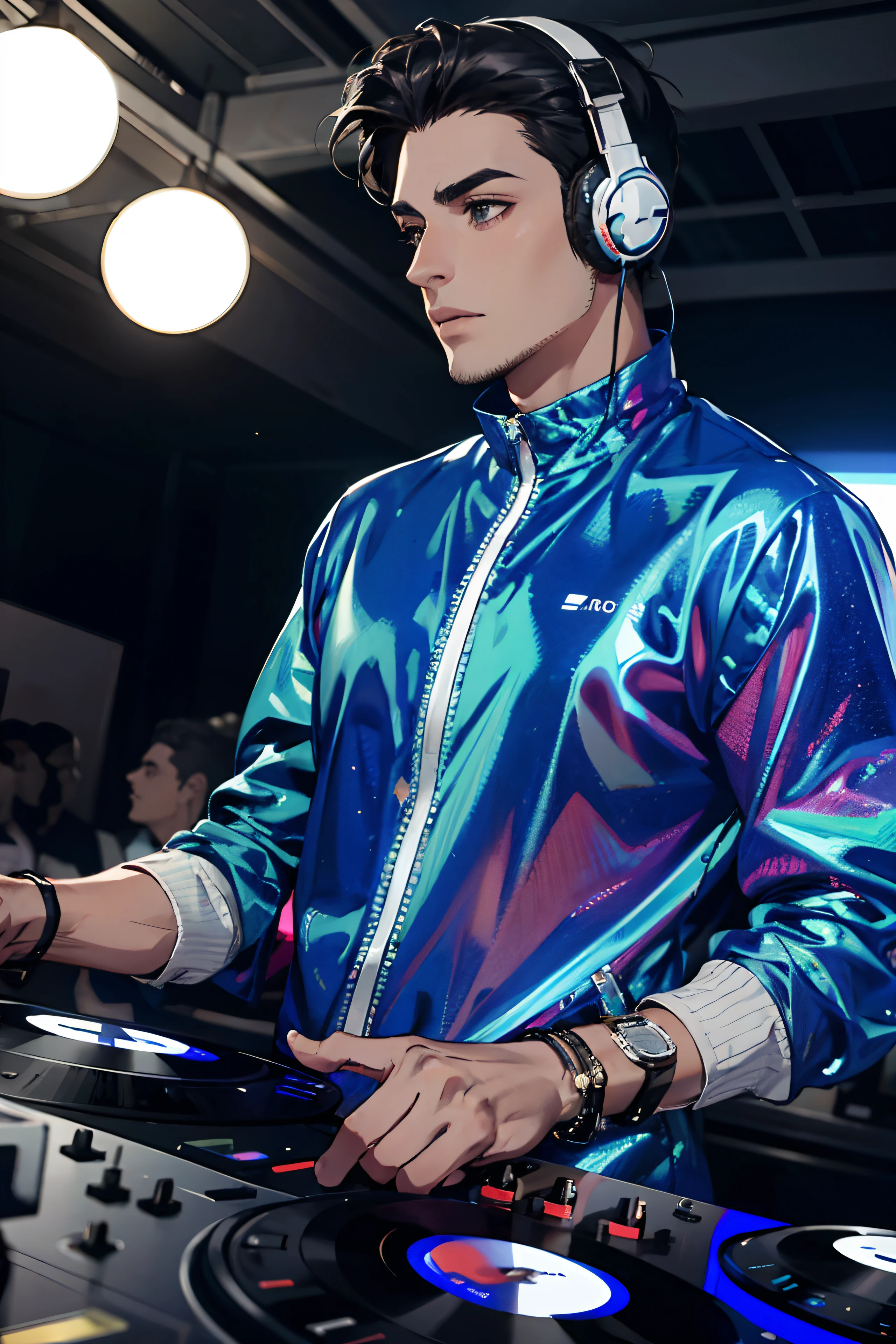 holographic clothing,Holographic, (1 homem), DJ, Headphone, sintetizador, Dentro de um clube, luz da discoteca, candeeiro de discoteca, master part, {{{best quality}}}, {{ultra-detalhado}}, {illustration}, cinematic angle, {luz detalhada},Cinematic lighting, homem bonito, short hair,