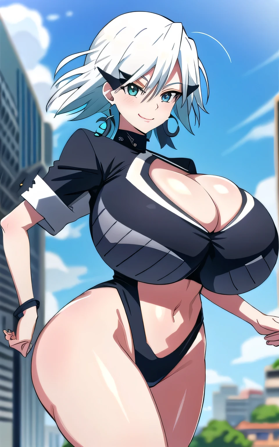gigantic breasts, bouncing breasts,cleavge hearts cutout,city background,shy,cute smile,white hair,running,blue school swimsuits