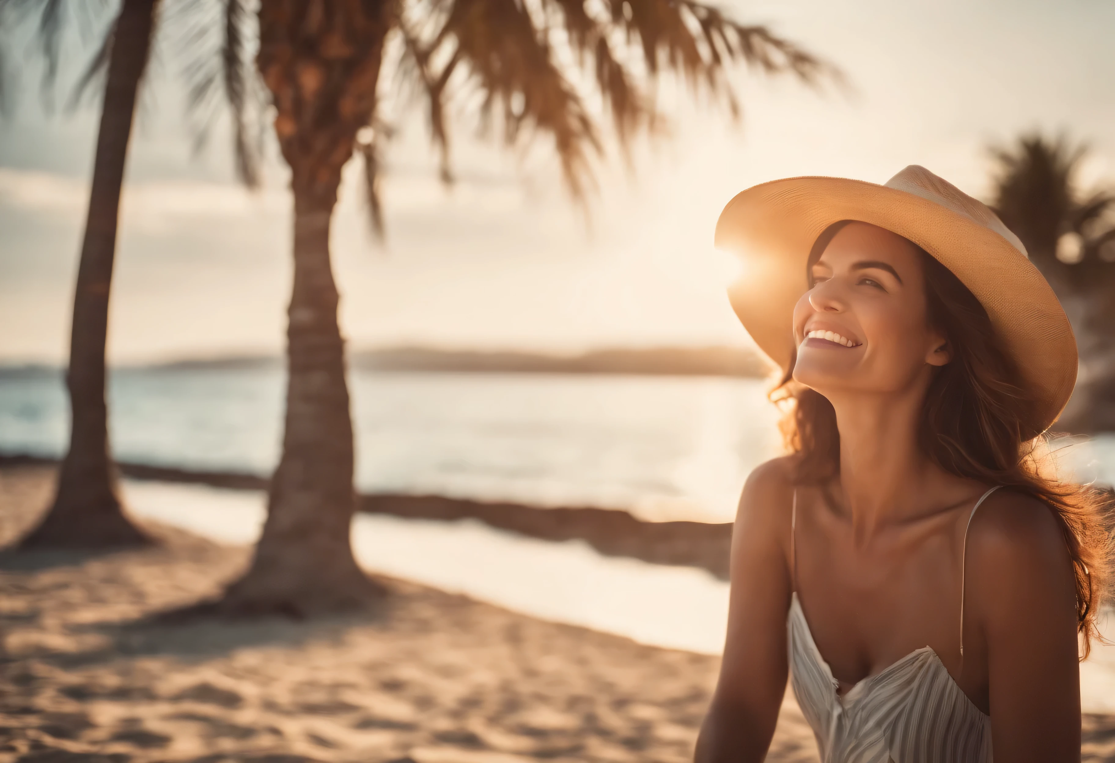 Summer beach vacation concept, Happy woman with hat relaxing at the seaside and looking away, in the summer against a backdrop of palm trees and sea beach.