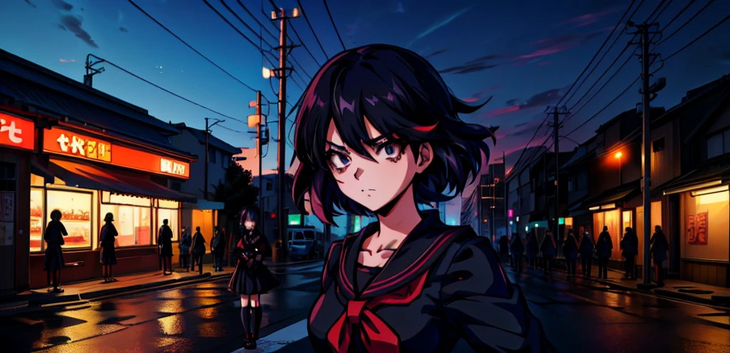 (perfect composition),anime character Sukeban delinquent girl  standing on a city street corner in black seifuku with black very long skirt, anime style. 8k, anime style mixed with fujifilm, retro anime girl, anime styled digital art, in tokyo, anime style illustration, anime style 4 k, anime style artwork, anime poster film still portrait, tokyo anime scene, modern anime style, anime style digital art, short hair, 26year old, red converse,