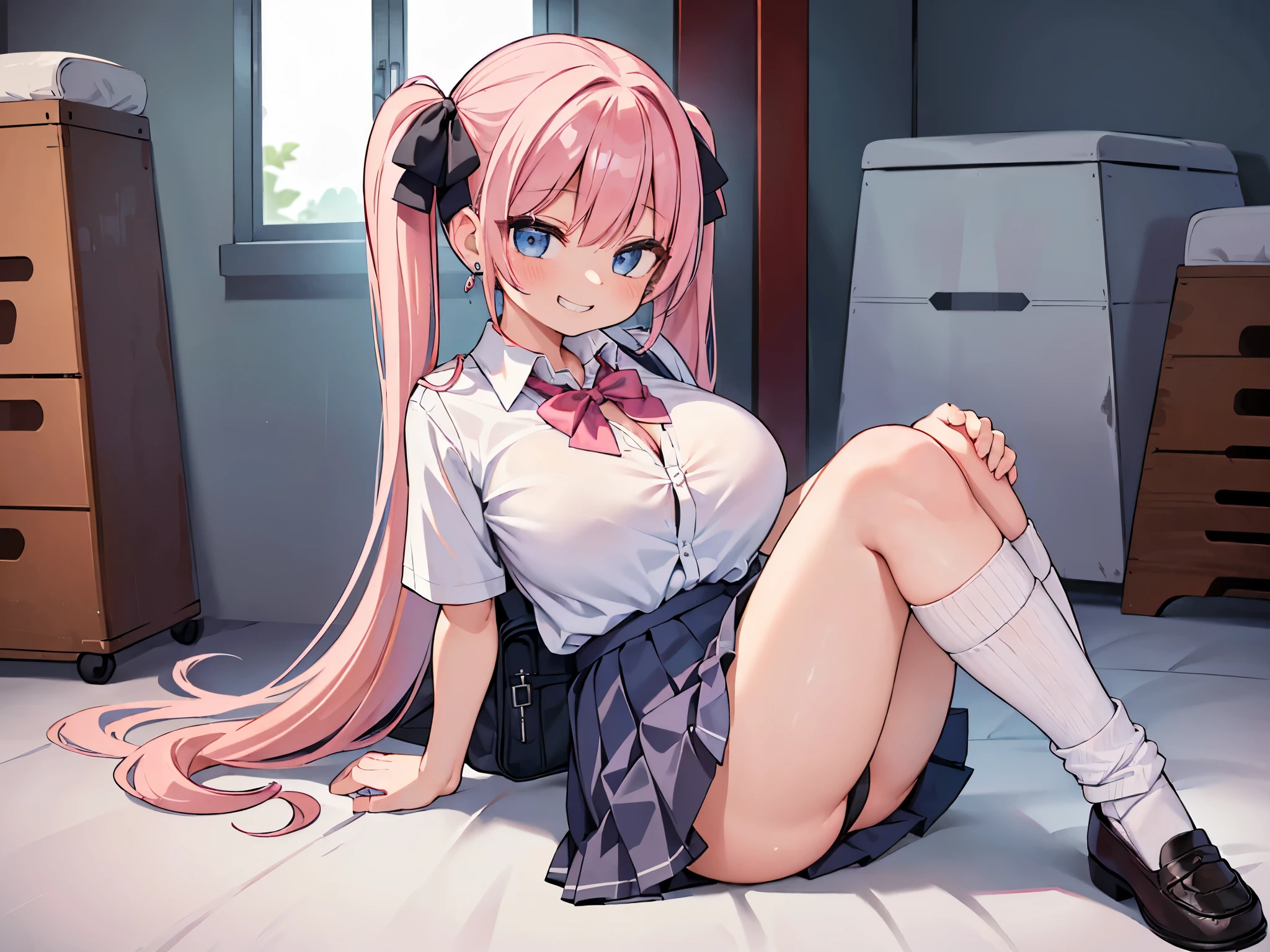(masterpiece、highest quality、Super detailed)、((One girl))、((Pink Hair))、((Twin tails))、((Light blue eyes))、evil smile、((Grin))、Earrings、((Very large breasts))、((White collared shirt))、Short sleeve、cleavage、((Black pleated skirt))、((white baggysocks:1.2))、Loafers、sitting, knees up、Gym storeroom