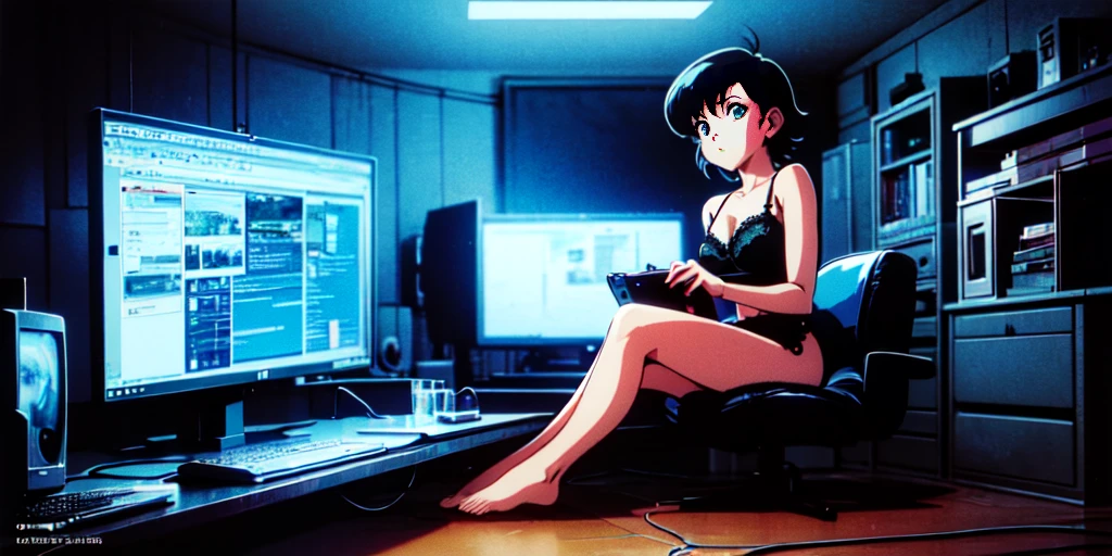 (perfect composition), (high resolution, masterpiece, ultra best quality, insanely amazing hyper fine extremely detailed, official:1.4)( full body, 80's horny milf hacker anime girl in lingerie sitting at a desk with a vintage computer, seductive hacker anime girl in lingerie, retro cyberpunk anime, 80's cyberpunk anime girl in lingerie, digital cyberpunk anime!!, best anime 4k konachan wallpaper, (anime girl with green teal short hair), 90's anime style in 4 k, mega man legend art ,black latex lingerie, black lace lingerie, 80's, multiple old computer , inspired by serial experiments lain room,  high degree electronic laboratory, lots of old computer hardware, surrounded by old computer screen, a lots of cable wires, octane rendering, colorful contrast, unadorned, dark computer room, night, betterHands 