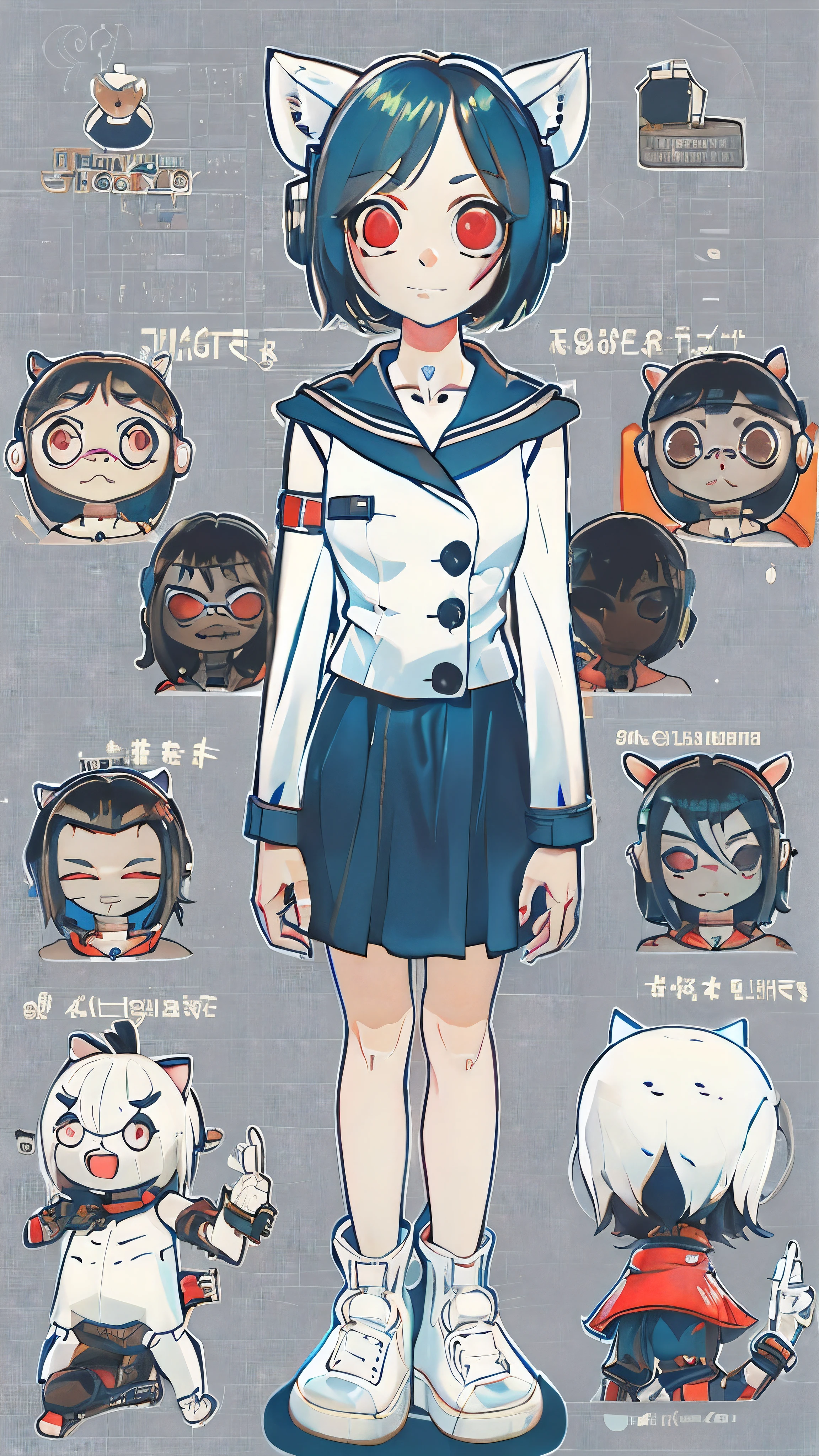 All my elementary school classmates were female simulation robots working in convenience stores.，Full body portrait，No expression, no reaction, eyes dull，expressionless face，Seriously，Vibrant fair complexion，smooth skin，bright red eyes，Dark blue full-cover cat ear headphones，Dark blue swimsuit，Dark blue collar, dark blue miniskirt, white kagamine bell sailor suit，sleeveless，Strapless，exposed，Expose，Exposed breasts，Exposing belly，Backless，flat chest，Flat chest，Toned abdominal muscles，Strong abdominal muscles，Short stature，Luo Li，primary school student，Kindergarten，Thin legs，barefoot，No shoes，no socks，thin waist，long fingers