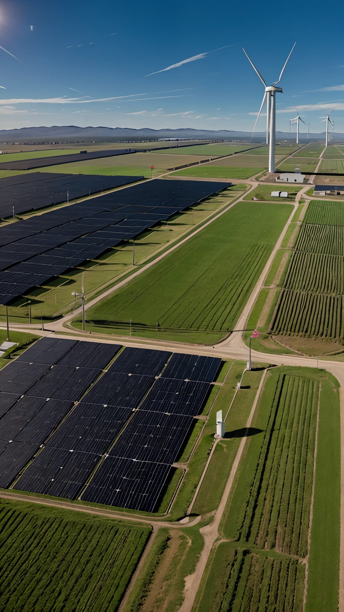 Wind farm and solar farm in the background of electricity sub-station
