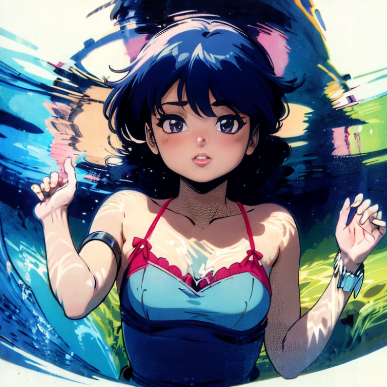 Madoka Ayukawa, underwater, swim under the sea, Dark blue hair, No background, Perfect body,Madoka Ayukawa, 14 years old, bangs, 1girl, masterpiece, highest quality, disorganized, retro artstyle, 1980s \(style\)))), parted lips、look viewer, long hair, full blush,