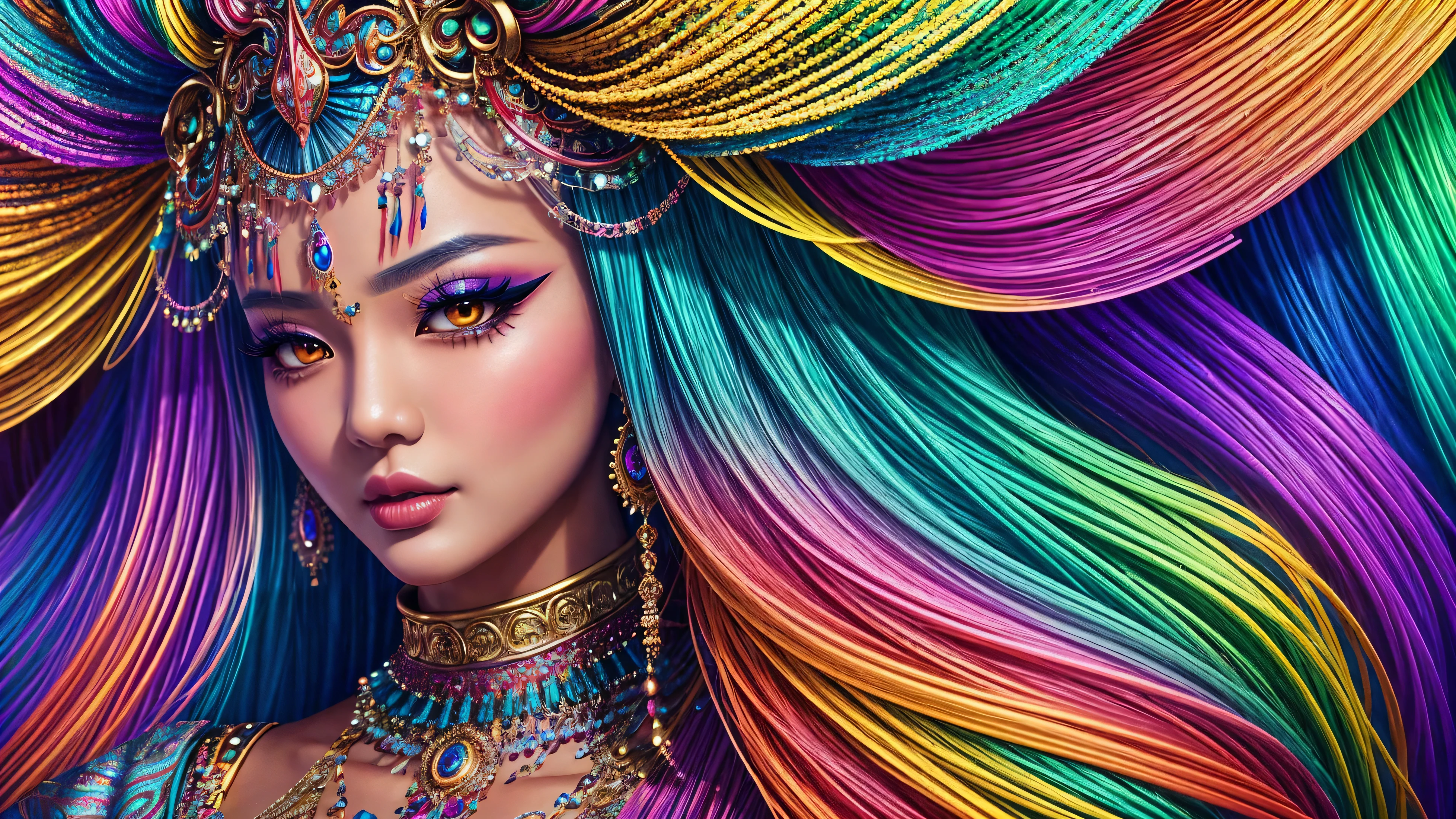 Close-up of a woman wearing a colorful headdress and makeup., colorfull digital fantasy art, exquisite digital illustration, psychedelic goddesses, Spectacular digital art, Highly detailed digital art, fantasy art behance, 3 d goddesses portrait, goddesses. very high details, beautiful digital artwork, (Realistic face details), intricate detailed, very high details, photo-hyper-realistic, 8k, UHD, hyperdetailed,