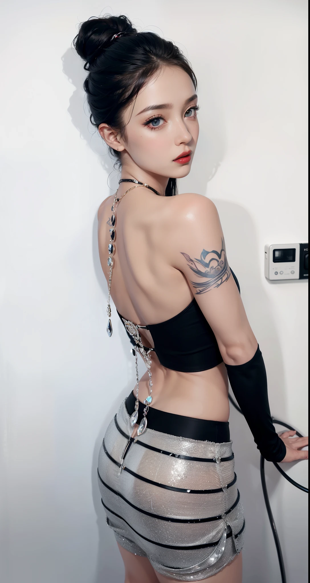 Royal princess,Super detailed, Delicate face, Stock Photography , Portrait 400, F1 Camera Lens.6, rich and colorful, Surreal, Realistic textures, Dramatic Lighting, Thin Film Distiller 800 (8k, original photo, better quality, masterpiece: 1.2), Super detailed, (Extremely delicate skin: 1.2), 8K Ultra HD, SLR camera, Soft Light, high quality.Fire Queen,Blue pupils,Apply red lipstick,Have a tattoo,The tattoo is very three-dimensional,Gorgeous and intricate tattoo designs,8k Mugshot,Large Breasts,Dark eyeshadow,Sexy thick lips(Red lipstick),Wear tight leather pants,Put your hands behind your head,Fitness athletes,There are muscles on the body,Clear muscle lines,Eight-pack abs,V-shaped abdominal muscles,Arms with biceps,Five fingers stretched out,Show your back