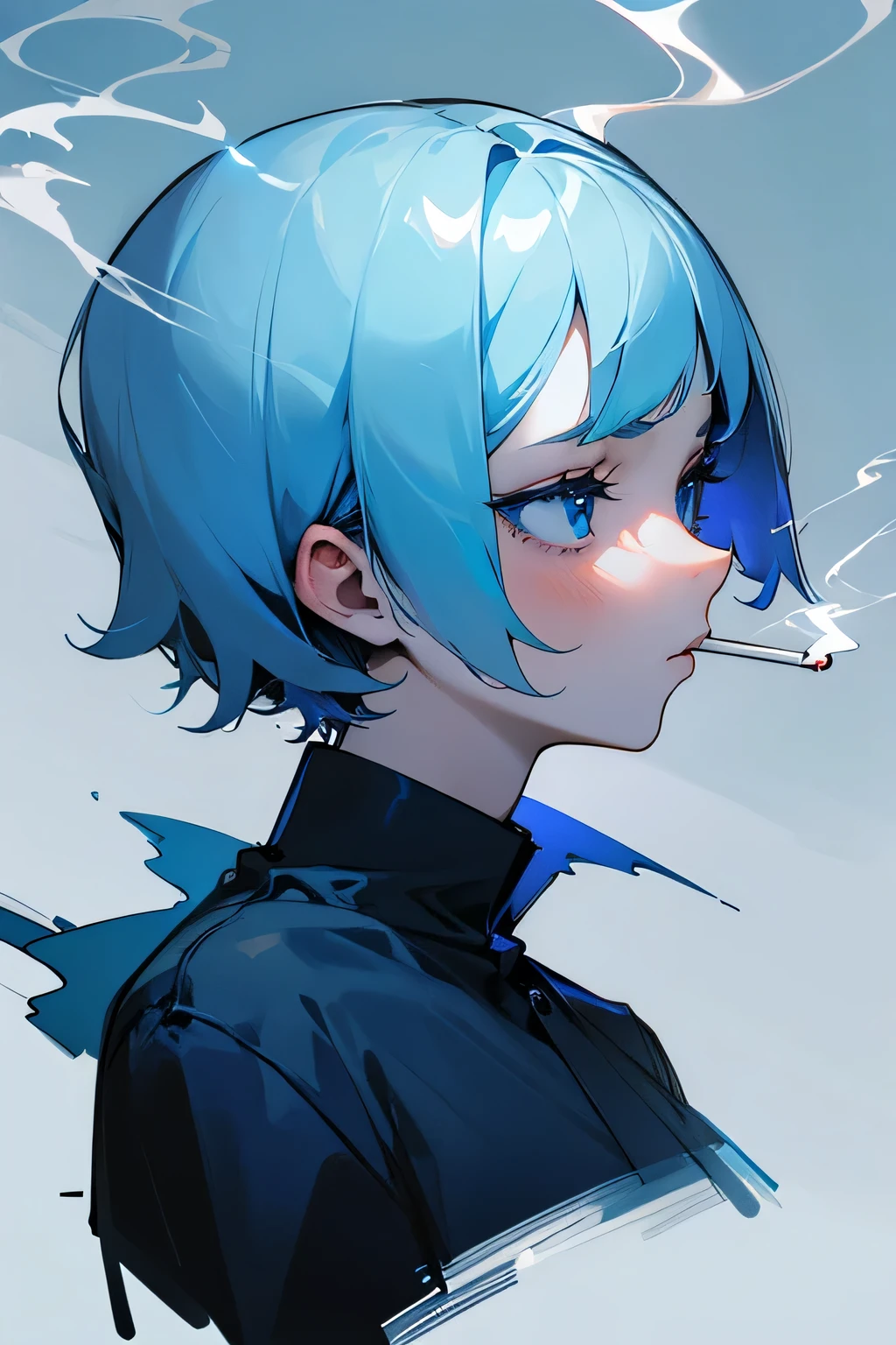 girl , smoking , side face , short hair , wearing patient uniform , blue eyes , negative , sad , thinking about future , bad future .