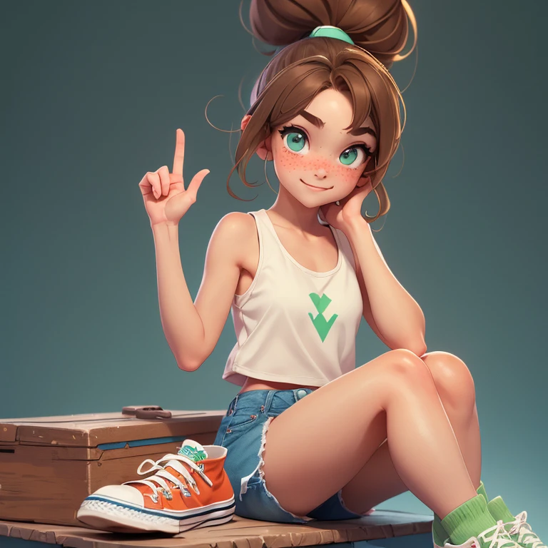 Girl in short shorts and tank top sitting waving and smiling Teen girl with a ponytail, freckles, green eyes and brown hair Very feminine face With converse sneakers grande busto playera ajustada realistic apariencia proporciones realistas 