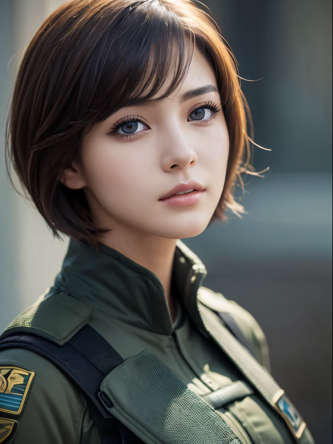 highest quality, Ultra-high resolution, (Realistic: 1.4), beautiful Eyes, Super beautiful, Short Hair, beautiful, beautiful Soldier, Eyes that beckon, Mistress&#39;s point of view, Attractive look, Sexy smile, Perfect Style, Perfect balance, Detailed skin, Mischievous Gaze