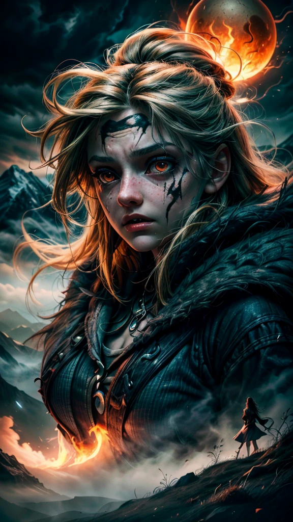 (best quality,4k,8k,highres,masterpiece:1.2),ultra-detailed,(realistic,photorealistic,photo-realistic:1.37),Asura,frightened girl,dark fantasy,mythical creatures,fiery eyes,frantic expressions,detailed facial features,mystical atmosphere,dark-colored palette,ethereal lighting,ominous shadows,mystical symbols,wild hair,fearful eyes,magical powers,stormy skies,enchanted forest,wisps of fog,glowing orbs,ancient ruins,imposing castle,towering mountains,dramatic pose,captivating story,emotional intensity,dynamic composition,contrasting textures,striking visual impact,haunting beauty,intense emotions,endless adventure,unexpected twist,compelling narrative,immersive experience