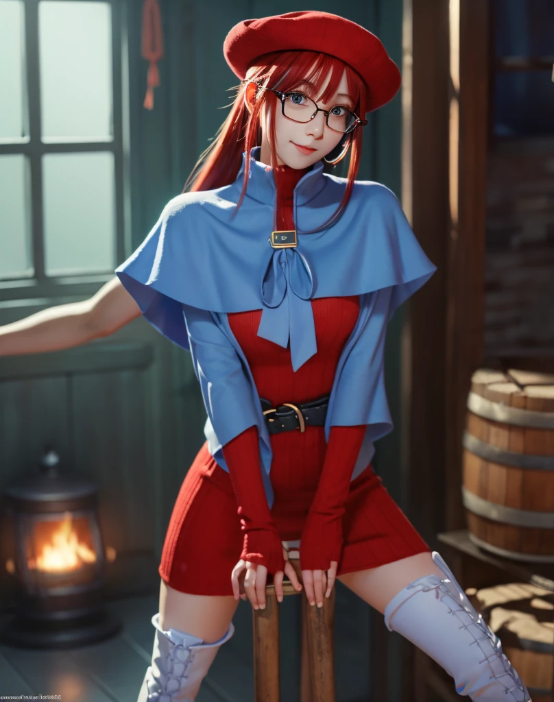 summuponnightaty, aty, lupong hair, blue eye, red hair, beret, hat, glasses,
break lupong hair, Knee socks, hat, dress, boots, glasses, belt, cape, sweater, zettai ryouiki, beret, thigh boots, white footwear, ribbed sweater, loose belt,alone,
break outdoors, fantasy,upon_a_Boat,
break (masterpiece:1.2), best quality, high resolutiupon, unity 8k wallpaper, (illustratiupon:0.8), (beautiful detailed eye:1.6), extremely detailed face, perfect Lighting, extremely detailed CG, (perfect hands, perfect anatomy),covered_Nipples,covered_navel,Light_smile ,(half_eye:1.4),sword,armpit,sleepy,dynamic_standing,barrel,red_sweater,apart_feet,magical_effect,back,