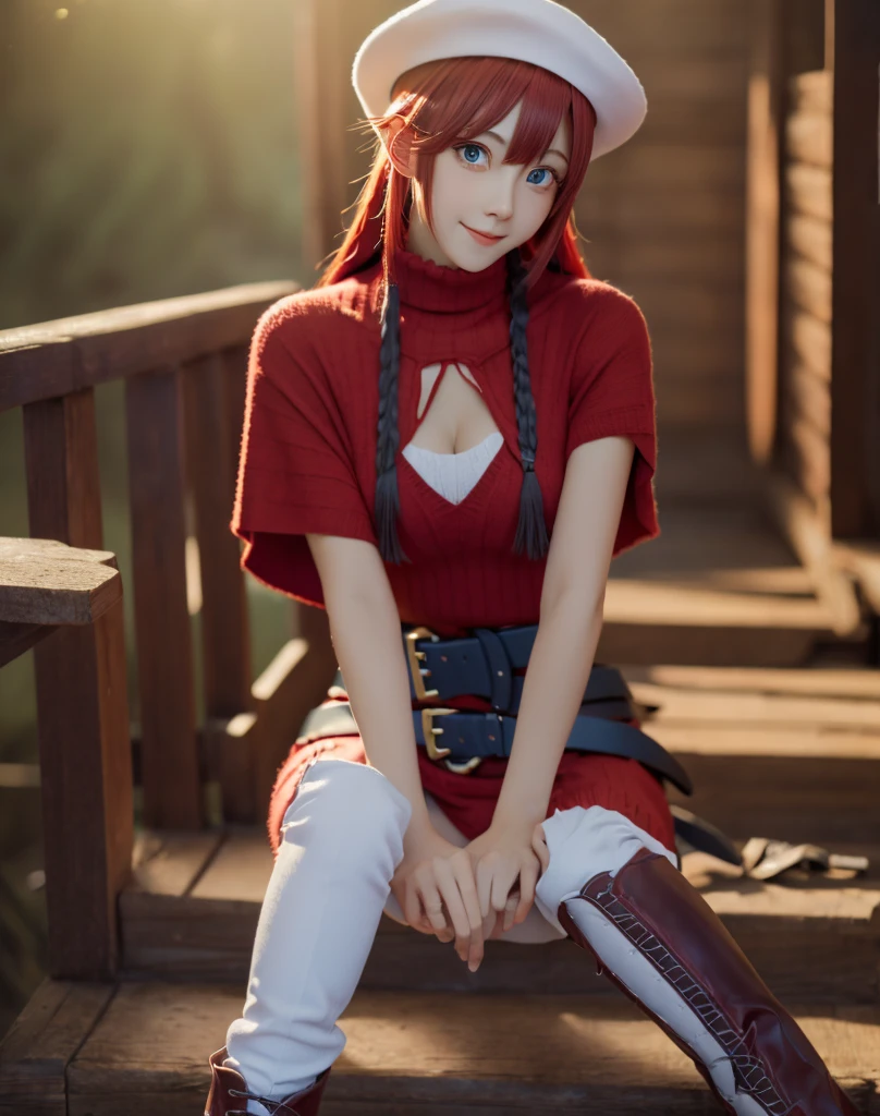 summuponnightaty, aty, lupong hair, blue eye, red hair, beret, hat, glasses,
break lupong hair, Knee socks, hat, dress, boots, glasses, belt, cape, sweater, zettai ryouiki, beret, thigh boots, white footwear, ribbed sweater, loose belt,alone,
break outdoors, fantasy,upon_a_Boat,
break (masterpiece:1.2), best quality, high resolutiupon, unity 8k wallpaper, (illustratiupon:0.8), (beautiful detailed eye:1.6), extremely detailed face, perfect Lighting, extremely detailed CG, (perfect hands, perfect anatomy),covered_Nipples,covered_navel,Light_smile ,(half_eye:1.4),sword,armpit,sleepy,dynamic_standing,barrel,red_sweater,apart_feet,magical_effect,back,