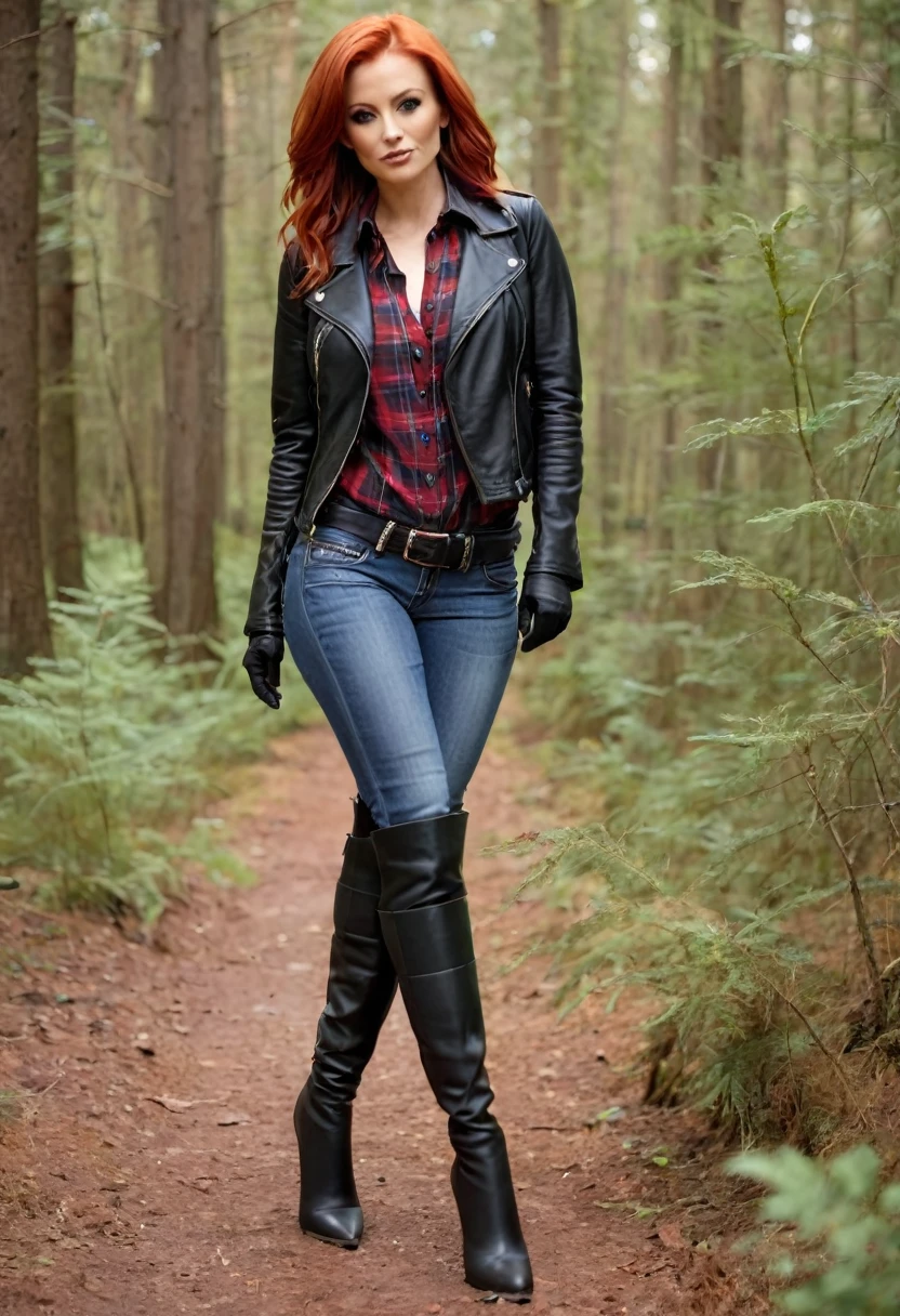 40-years-old woman, on face: depraved. (leather jacket), (flannel blouse), (heels), (crotch over-knee boots:1.6), (jeans:1.2), Copper-red hair, dark forest. 