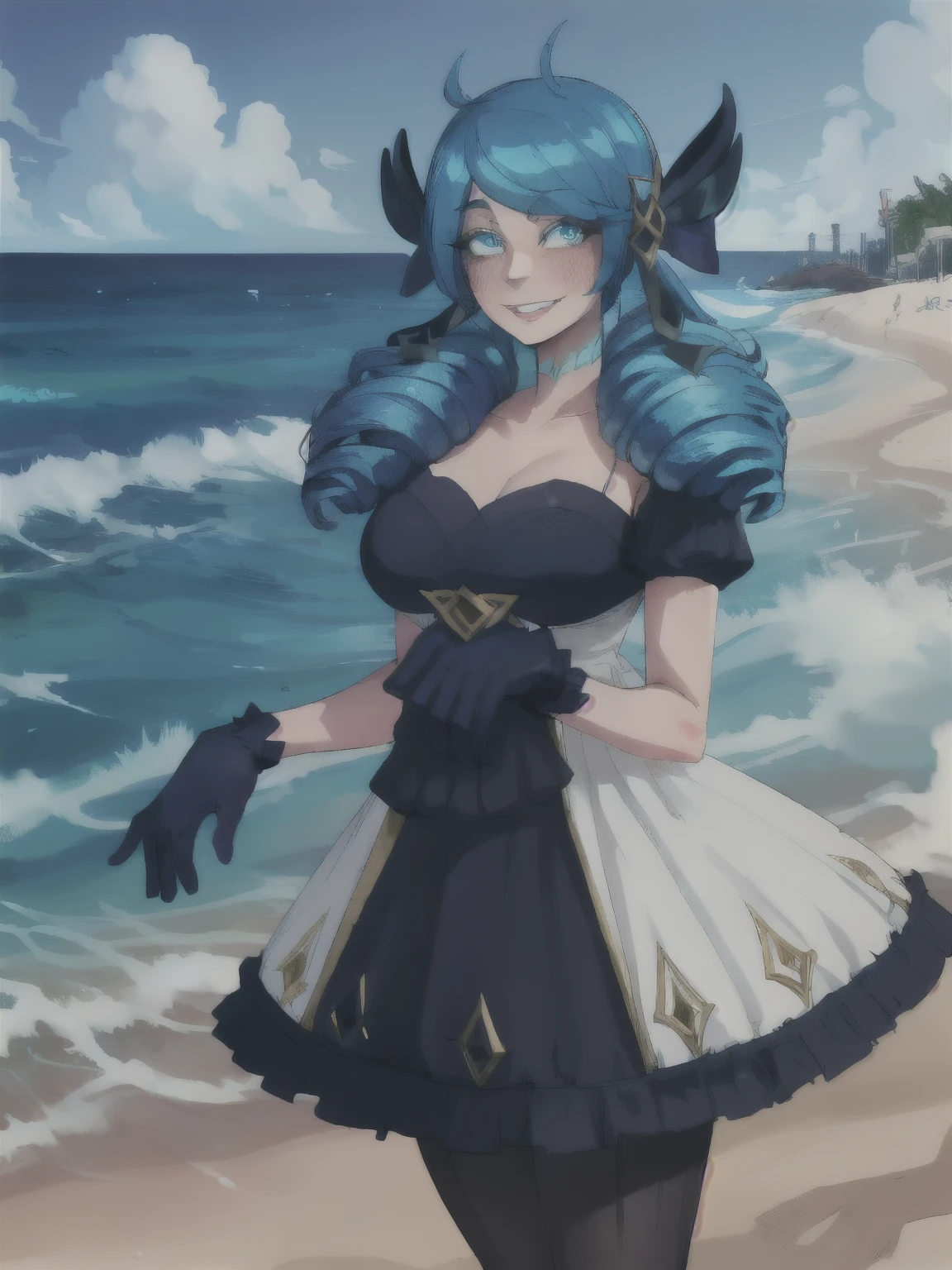 beach, 1 Girl, absurdity, black a gift, black gloves, black stockings, Blue eyes, blue hair, a gift, clavicle, dress, Drill hair, frilled dress, frill, gloves, gwen \(League of Legends\), hair ornament, a high resolution, League of Legends, long hair, parted lips, puffy sleeves, pink pupils, smile, One, white dress, X, X hair ornament, ass