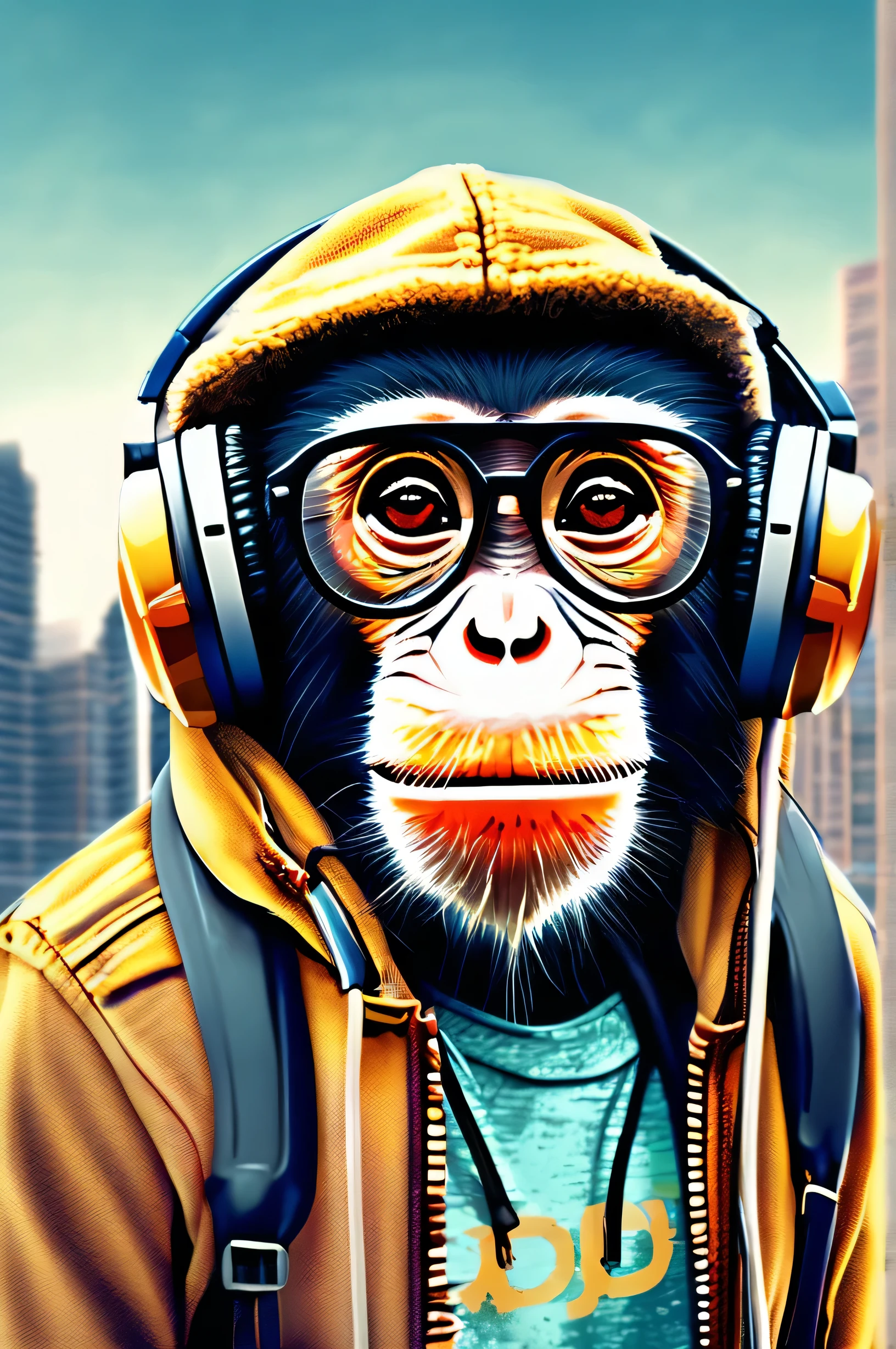 monkey wearing hoody, glasses, headset, original image, original quality, soft colors, city background,