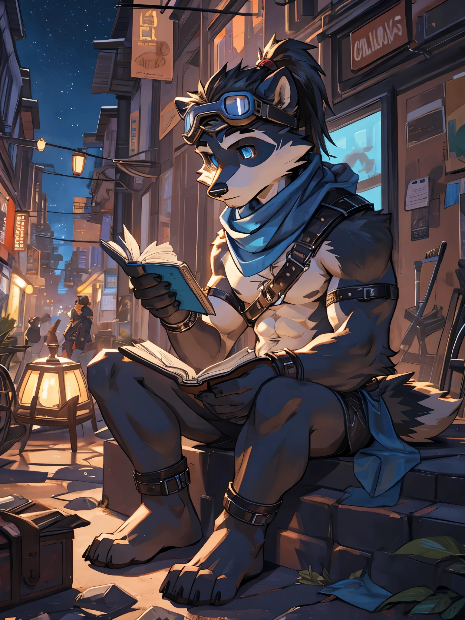 teen furry, furry, teenager, raccoon, grey body, long brown spiked_ponytail, detailed eyes, Detailed body fur, long blue scarf, leather_harness, blue_loincloth, goggles, masterpiece, gray body, Detailed face, big eyebrows, blue eyes, detailed eyes, No muscles, Detailed hands, Flat body, Skinny, Detailed paws, metal cuffs on wrists, metal cuffs on ankles, no shirt, no underwear, city, night, reading, sitting