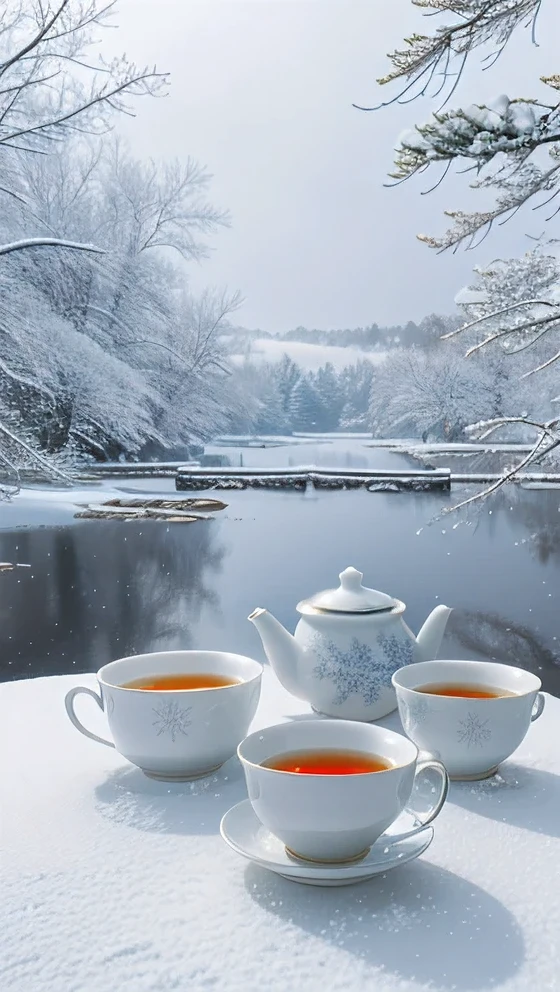 A cup of hot tea, snow, Porcelain tea cup, Swirling steam, Exquisite tea, Frost covered winter landscape, Comfortable atmosphere, Fine porcelain, Beautiful winter landscape, Soft candlelight, Quiet Moments, Steam comes out of the cup, snow-capped branches, Little Snow, Winter Wonderland